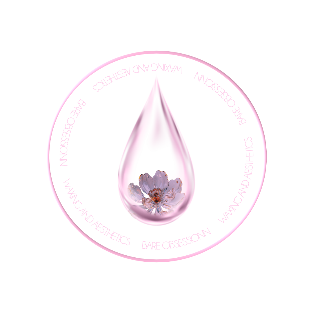 A pink circular logo with the words 'WAXING AND AESTHETICS' and 'BARE OBSESSION' repeated around the circle. In the center, there is a teardrop-shaped element with a blooming flower at the bottom.