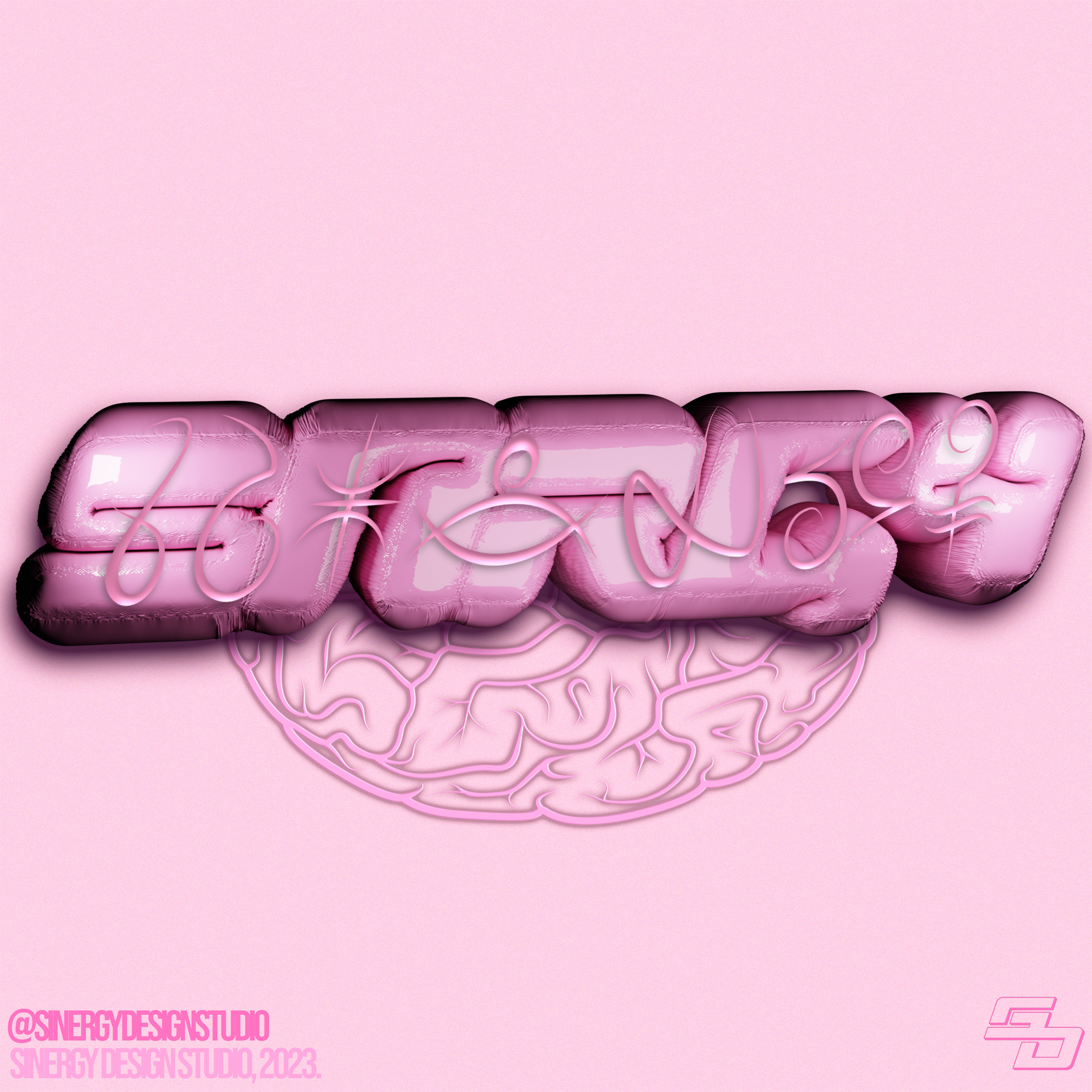 Pink neon sign resembling the word 'SNRGY' with abstract brain illustration below, on a pink background.