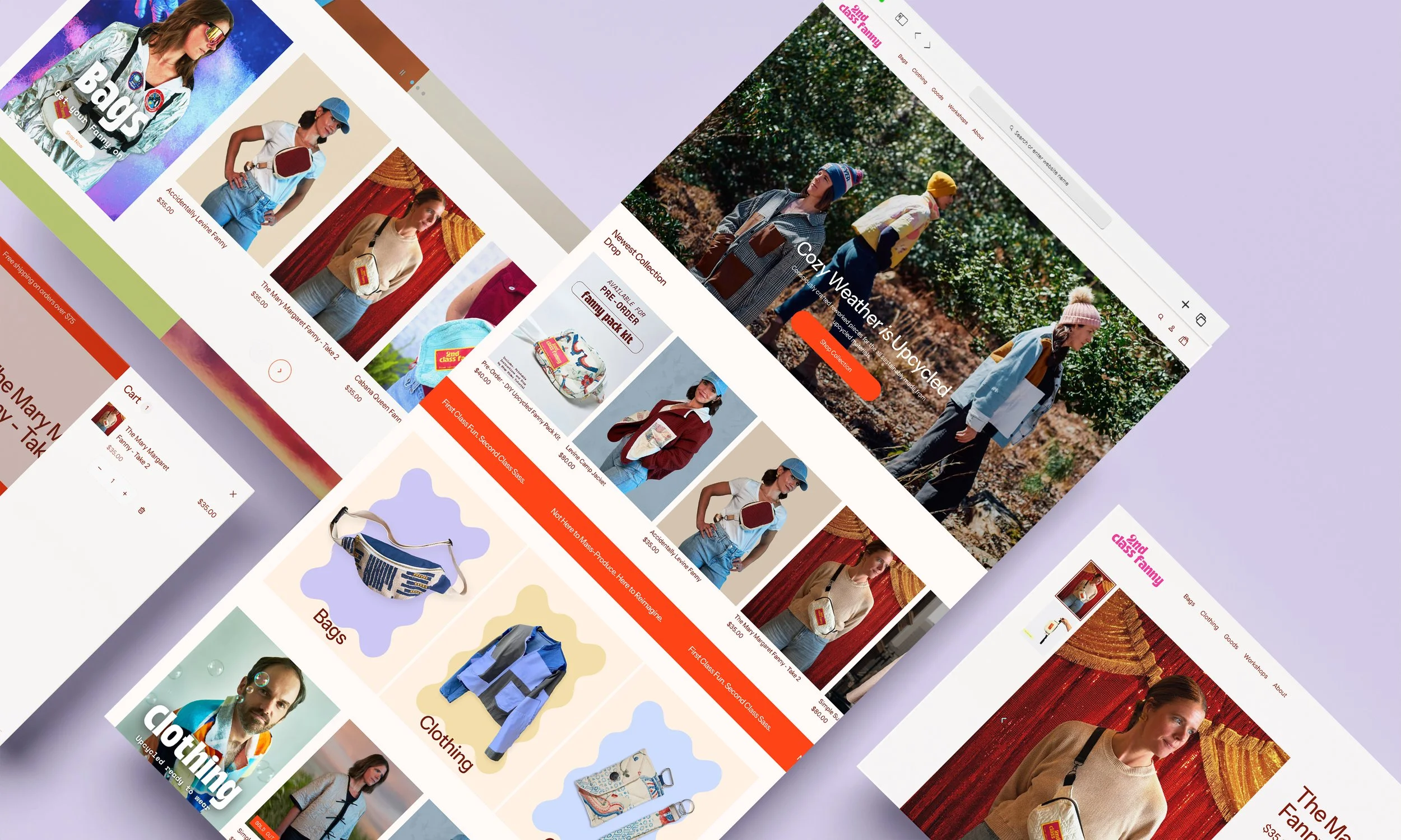 Multiple overlapping screens of online shopping websites displaying clothing, accessories, and bags with women modeling apparel, and outdoor scenery.