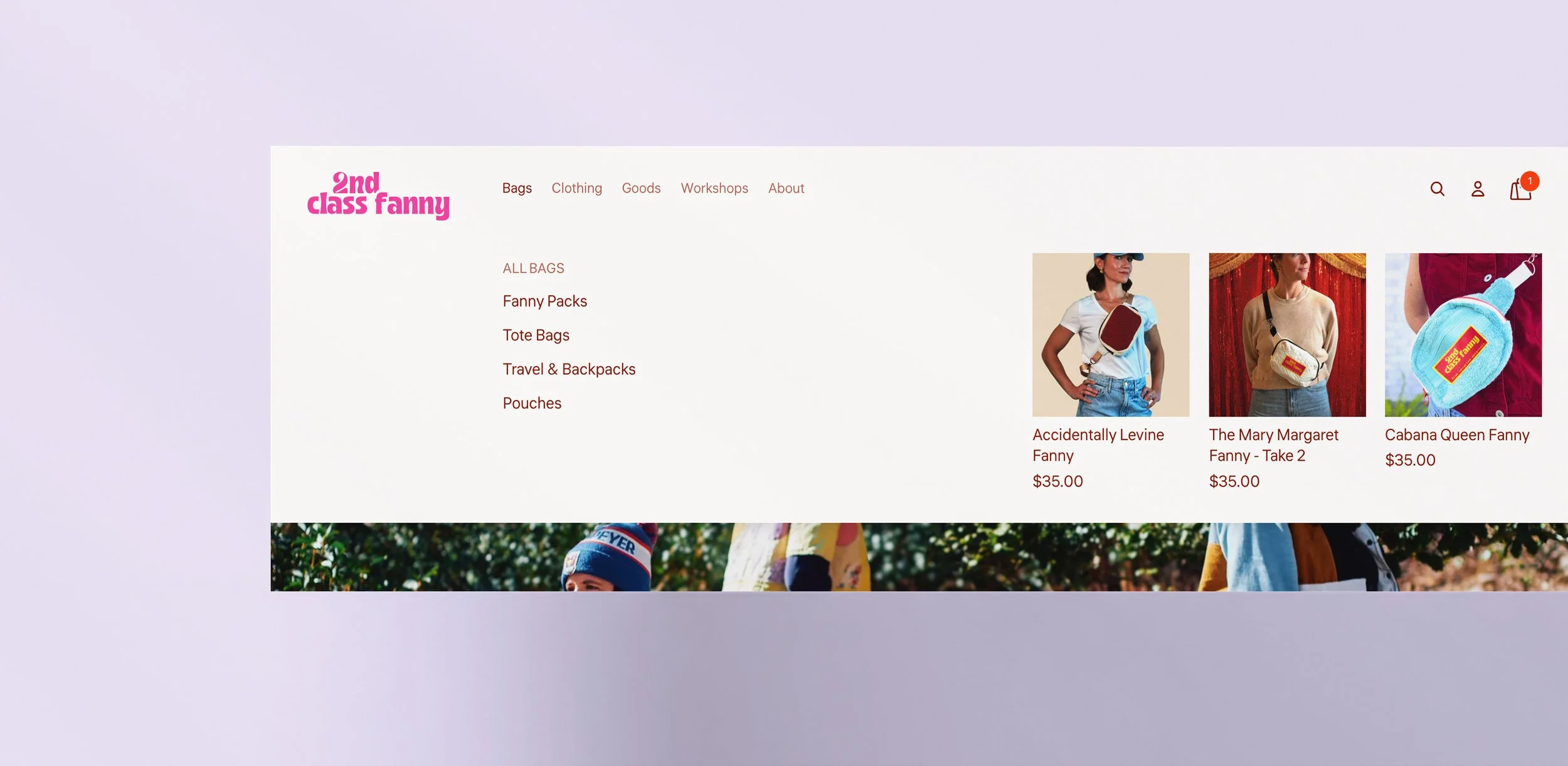 Screenshot of a website called '2nd class fanny' displaying various small bags, including personalized and graphic designs, with prices listed; menu options include Bags, Clothing, Goods, Workshops, About.