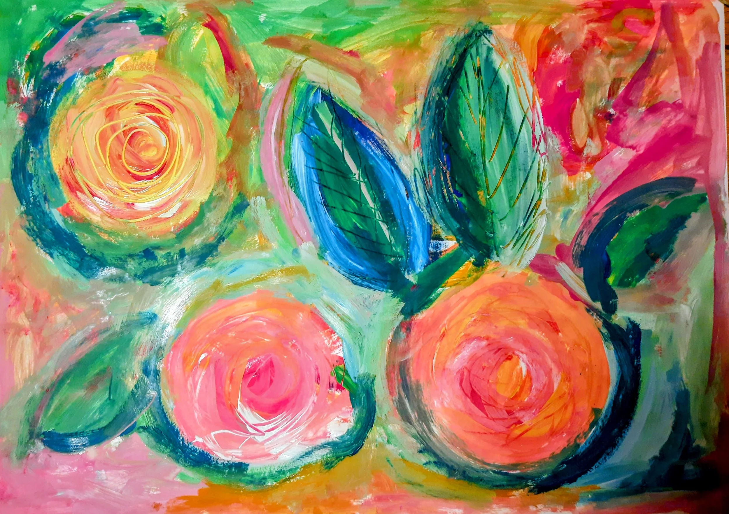 Jeg startet med farger, som ble til roser. Her er ikke motivet det viktigste, men stemning, strek, farger, farten. Å komme i gang med prosessen. 