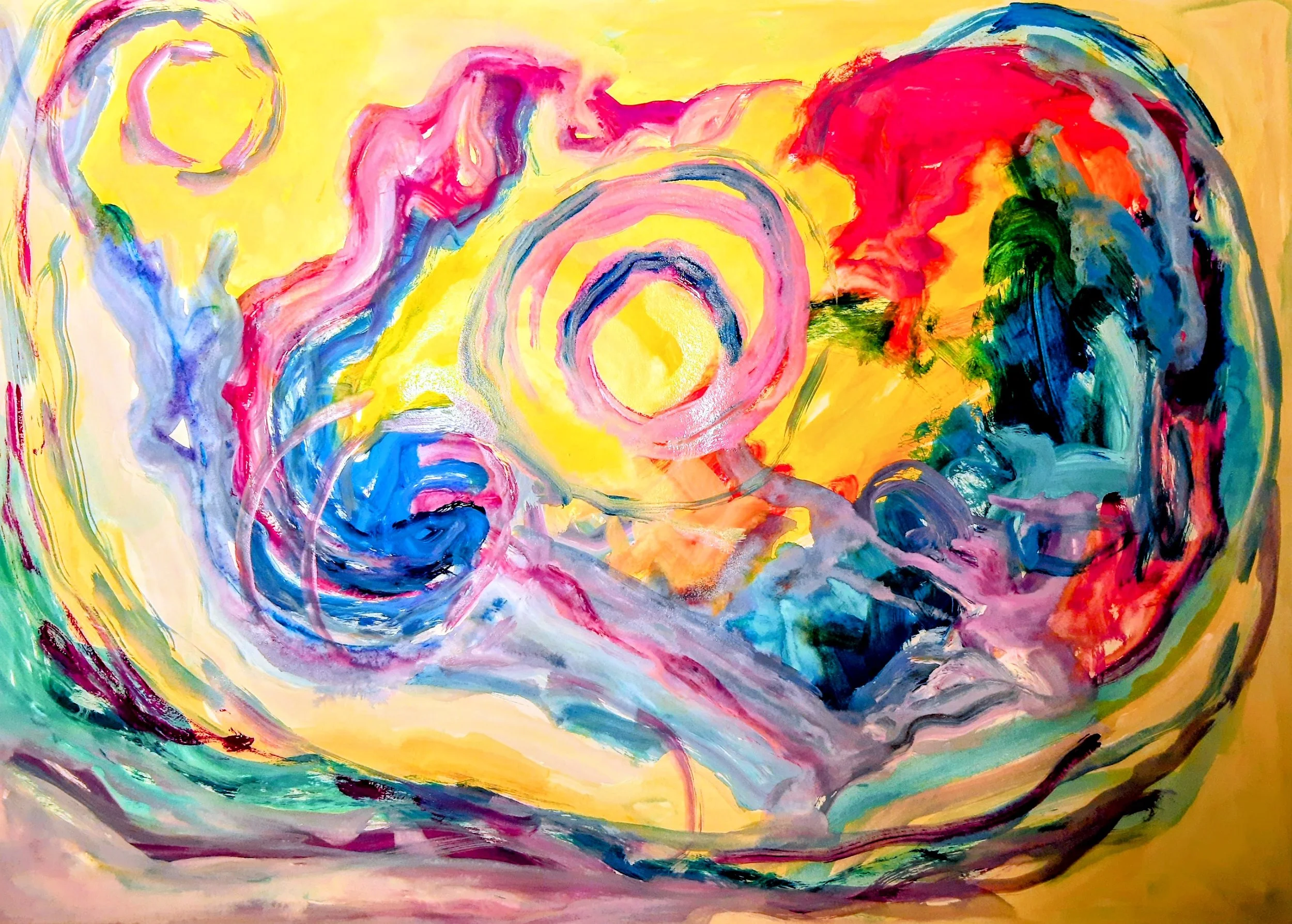 Dette bildet malt med venstre hånd. Jeg jobber fortsatt uten å tenke, bare gjennom å føle og sanse. Men nå sitter jeg. Det verste trykket har gitt seg. Penselen går roligere. Hånden skjelver. Høyre hånd vil ta over, men det går ikke.