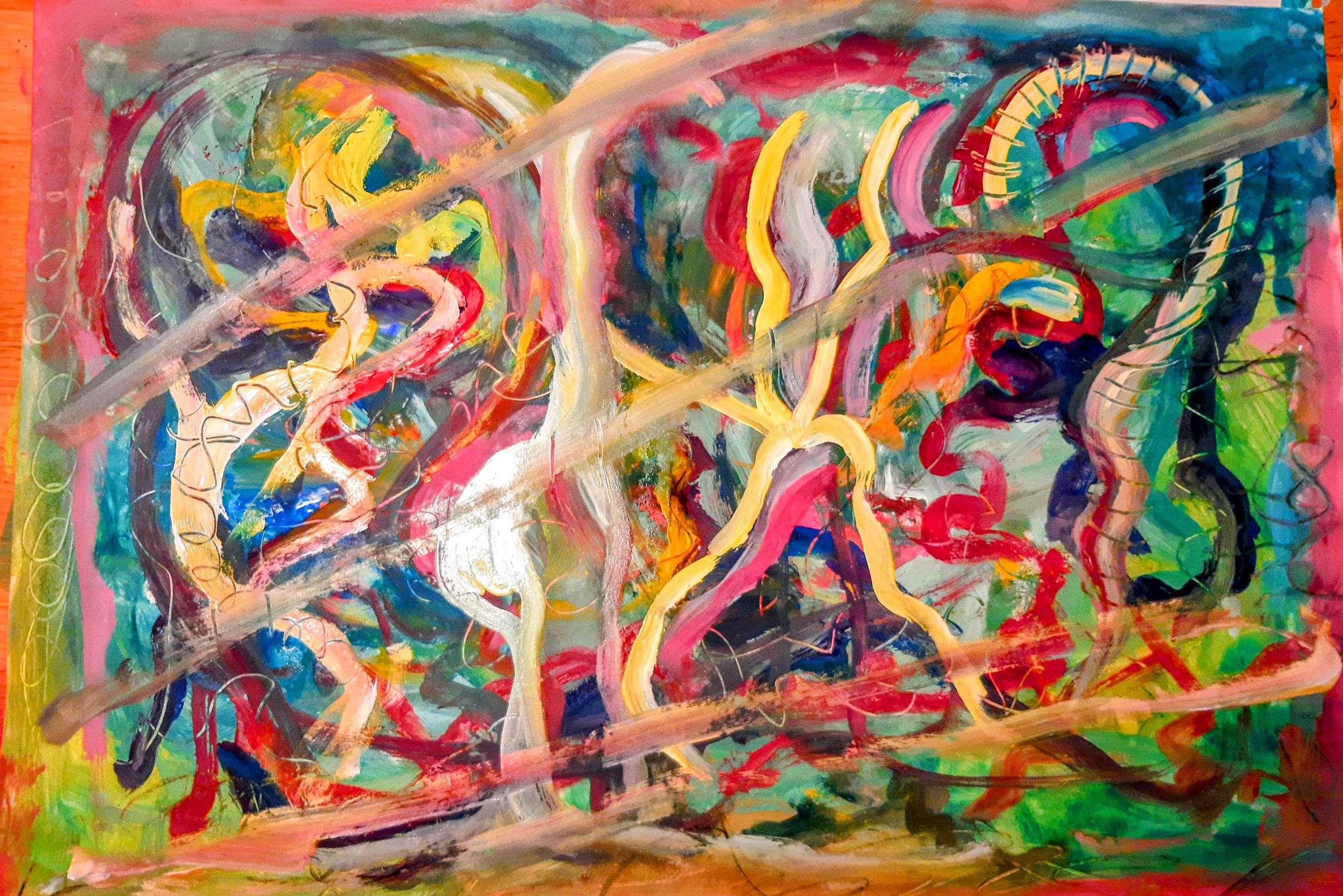 Bilde nummer to er malt med en pensel i hver hånd. Det er mye fysisk trykk. En følelse i kroppen som vil ut. Det var ikke nok med bare en pensel, og venstre hånd har også noe den vil si.
Jeg bare lar kroppen jobbe, uten å tenke. Jeg føler, sanser og 