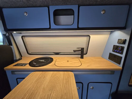 Undermounted sink and tap fitted in the Volkswagen T6 camper conversion Joan