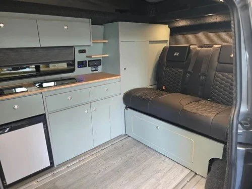 custom van interior sage cabinetry oak worktop