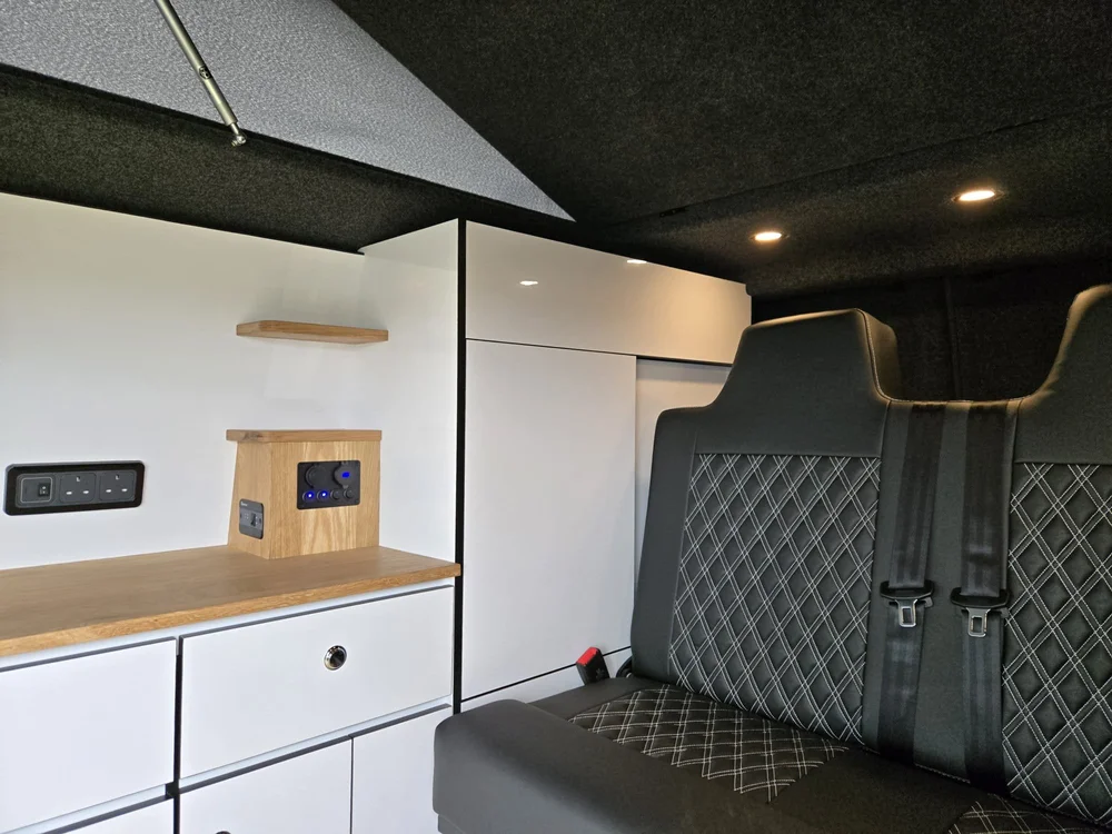 LED interior roof lighting creating ambient lighting inside a VW T6.1 camper conversion