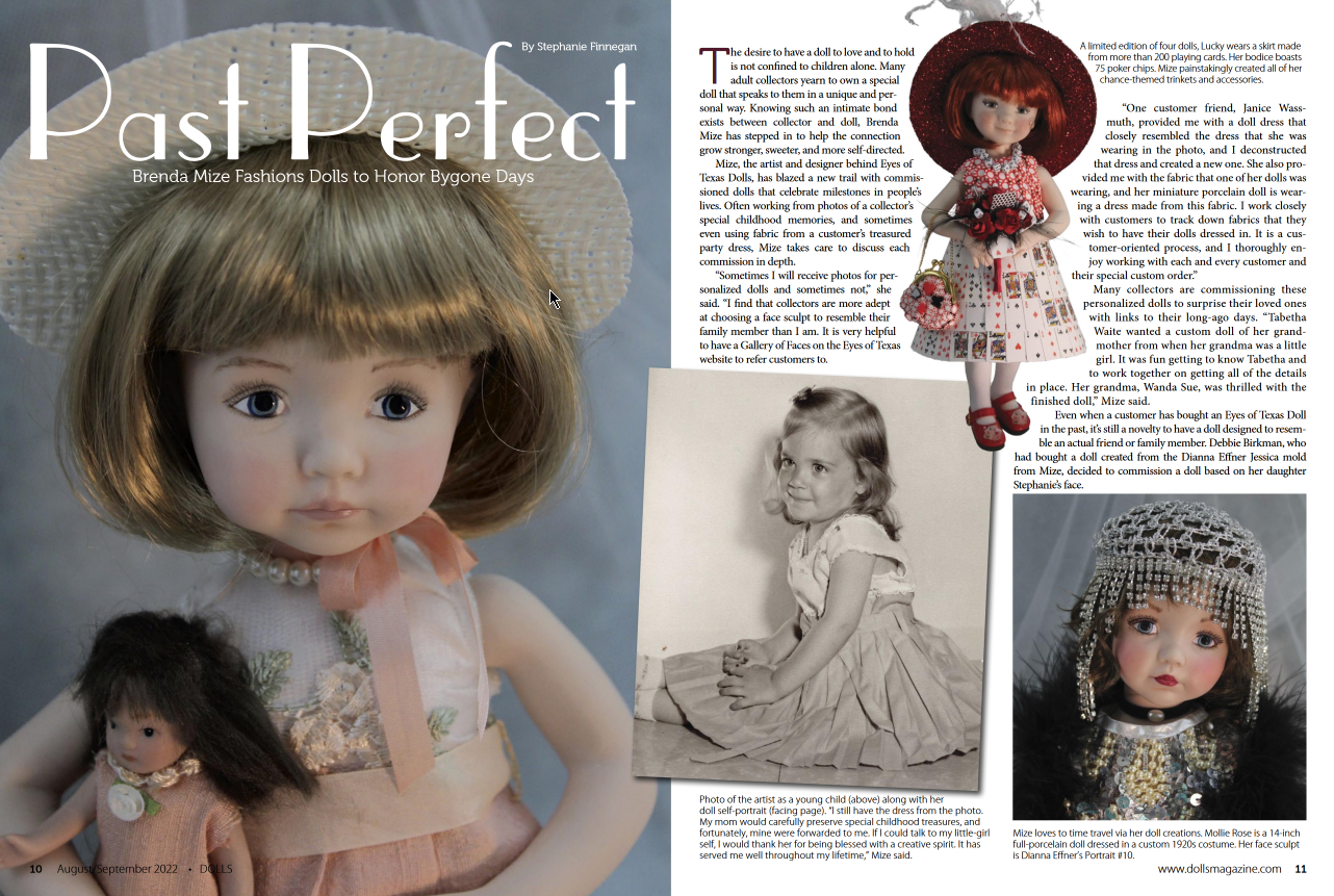 Brenda Mize Dolls was featured in DOLLS Magazine in the article featuring her handcrafted OOAK porcelain dolls aptly named "Past Perfect".