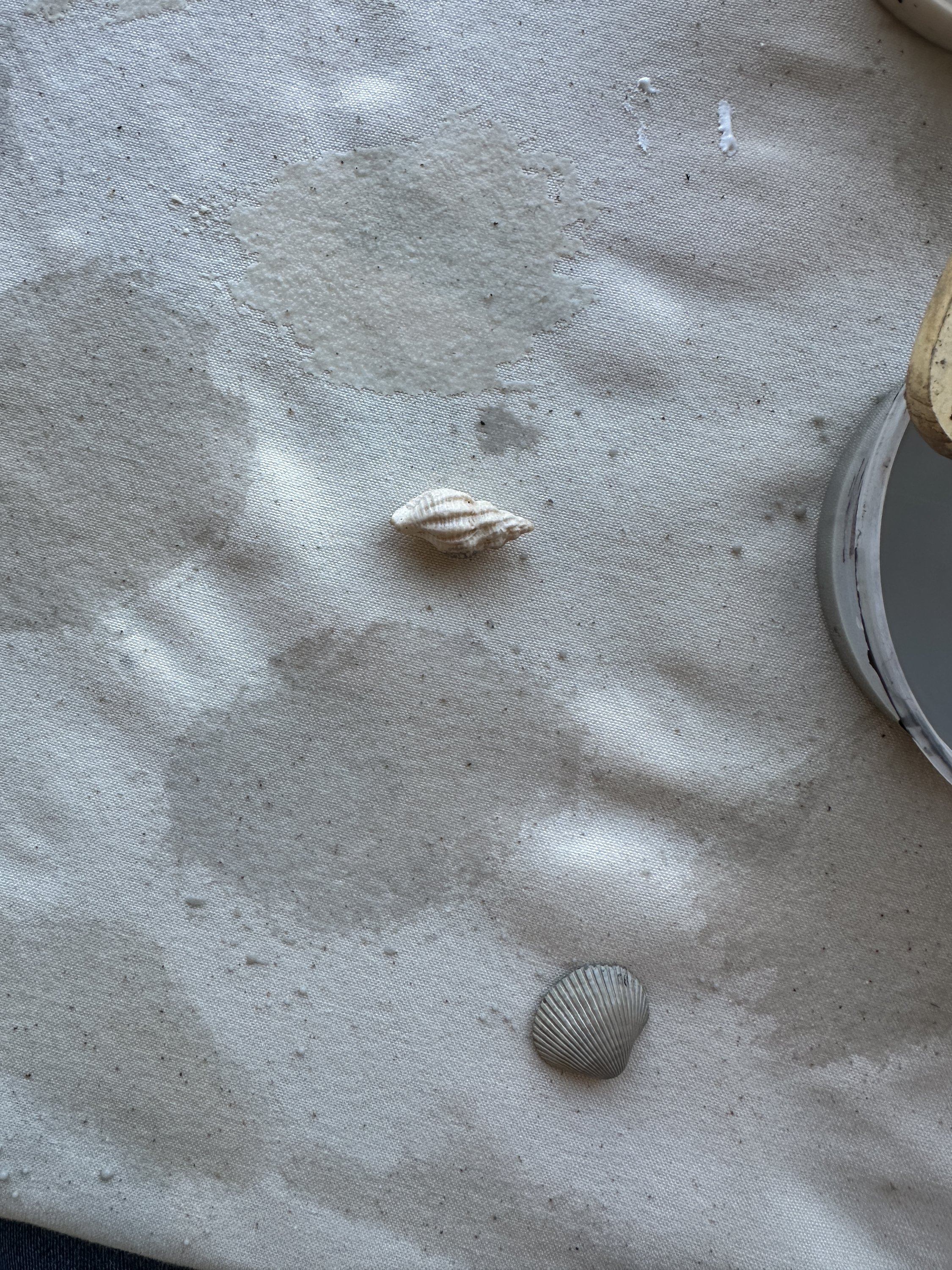 Sand with a seashell, a mirror, and wet spots or stains.