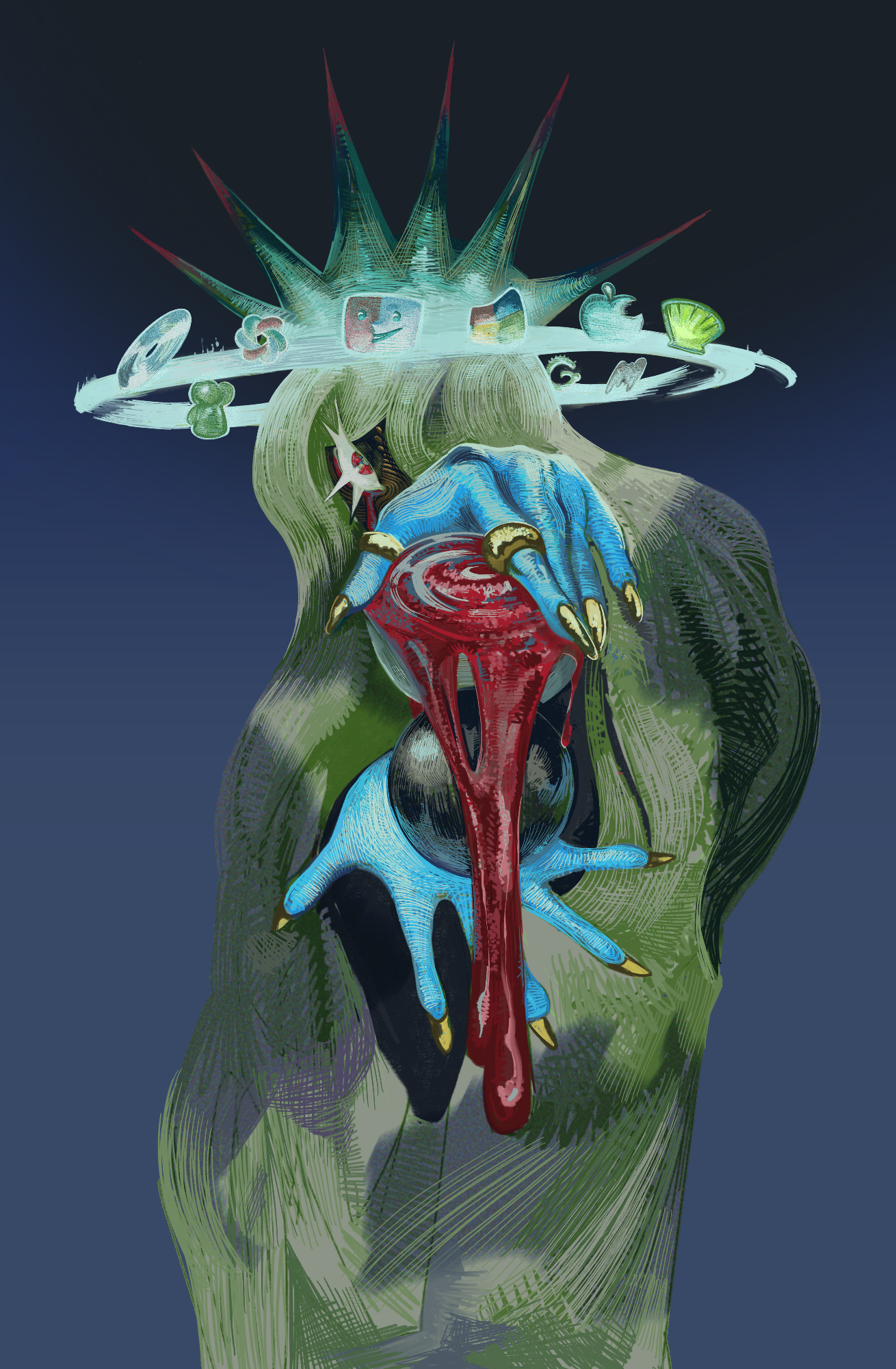Digitized Reaper: This piece was created originally for the Mesh Pop-up exhibit. The piece aims to comment on the over reliance on big tech while addressing the objectification of humanity through worker abuse, the military industrial complex and soc