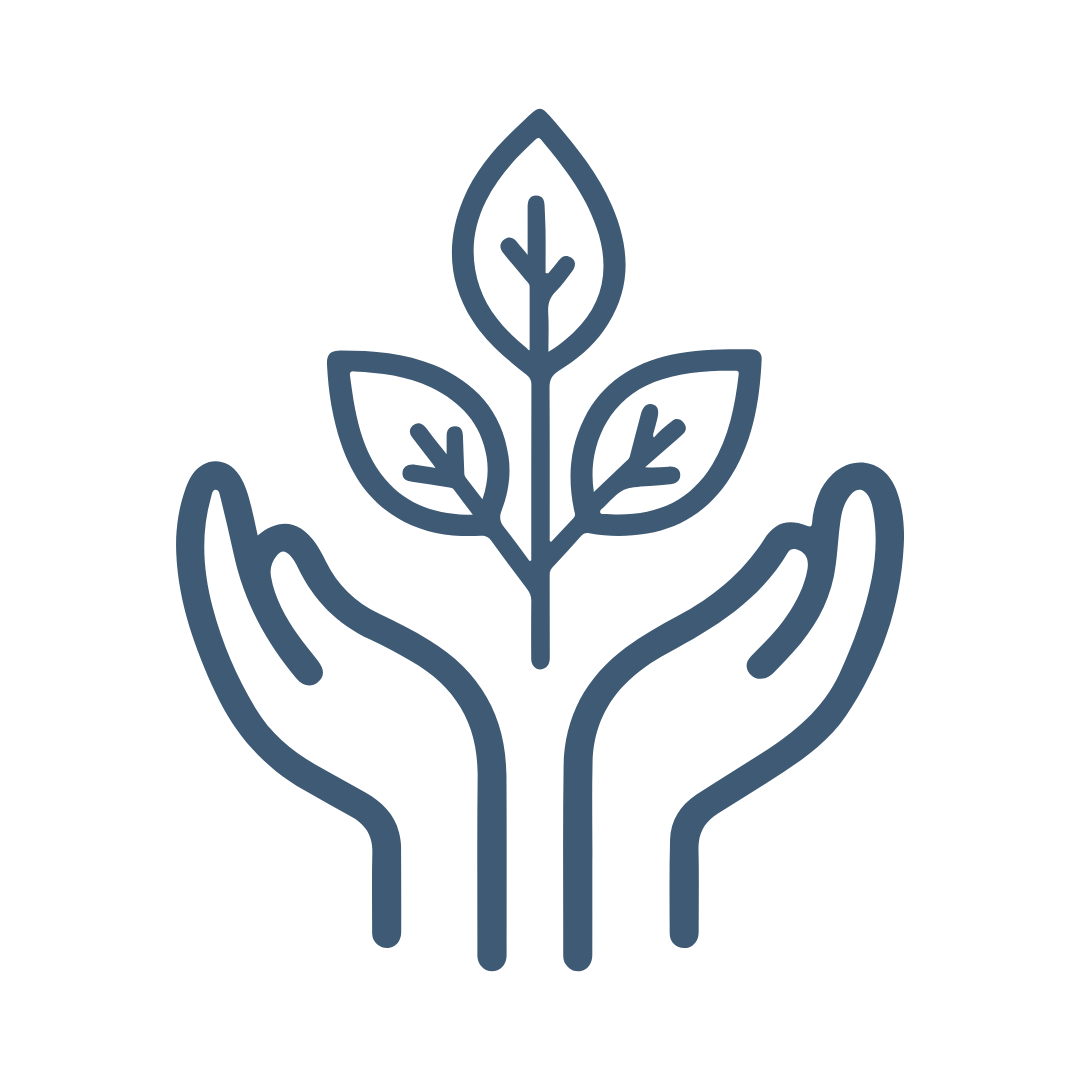 Outline of two hands holding a plant with three leaves.