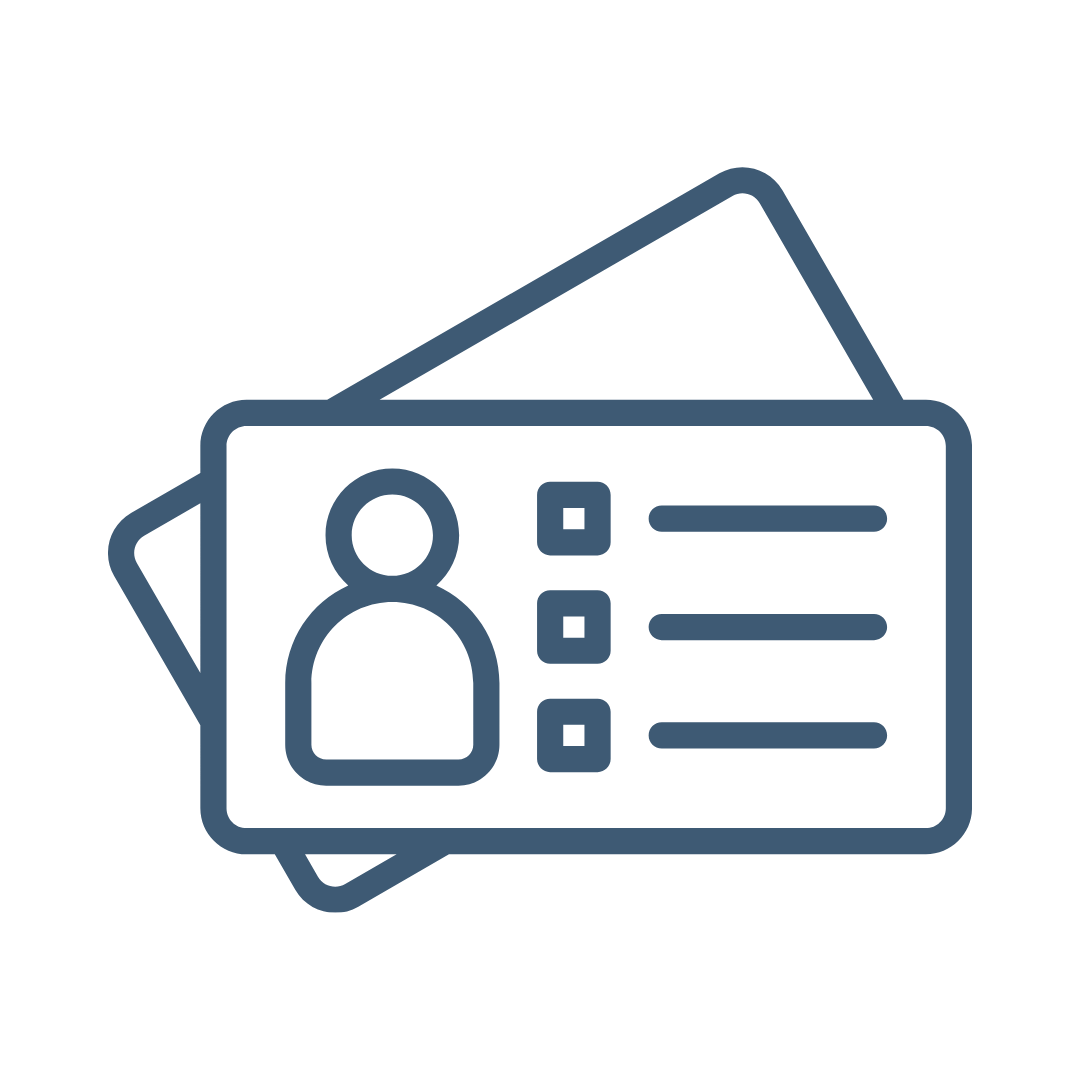 Outline icon of an identification card with a person's silhouette and checkboxes on a black background.