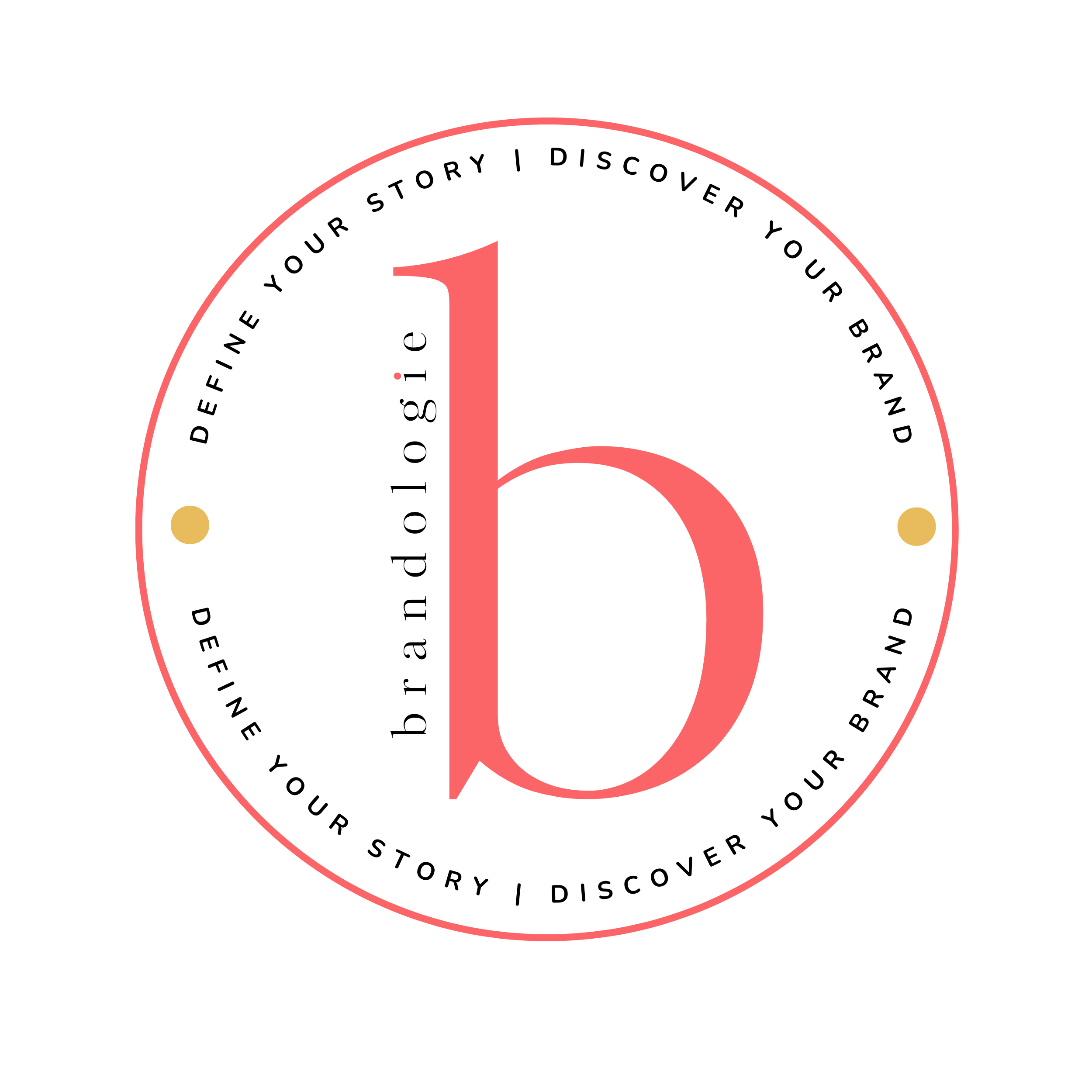 A circular logo with a white background, red border, and black text. The large pink letter 'b' is centered, with the words 'brand' and 'story' written vertically inside the letter.