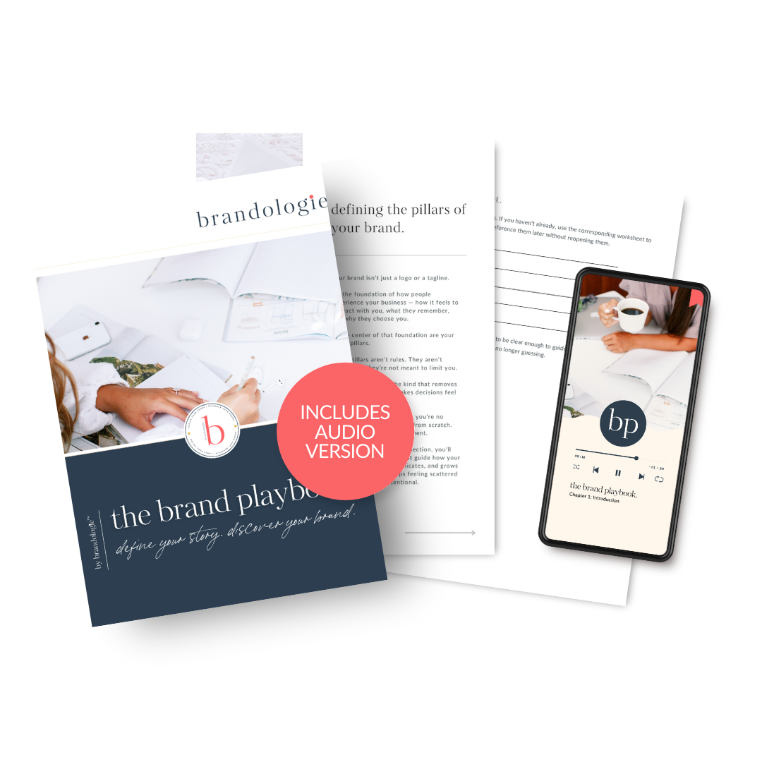 Brand Playbook mockup showing a step-by-step DIY branding system with worksheets and templates.