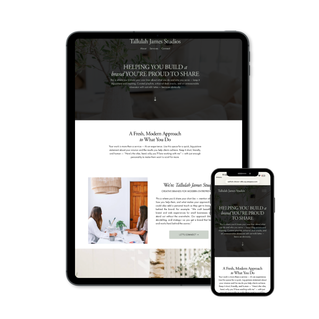 One-page Squarespace website template mockup designed for DIY branding and quick launches.