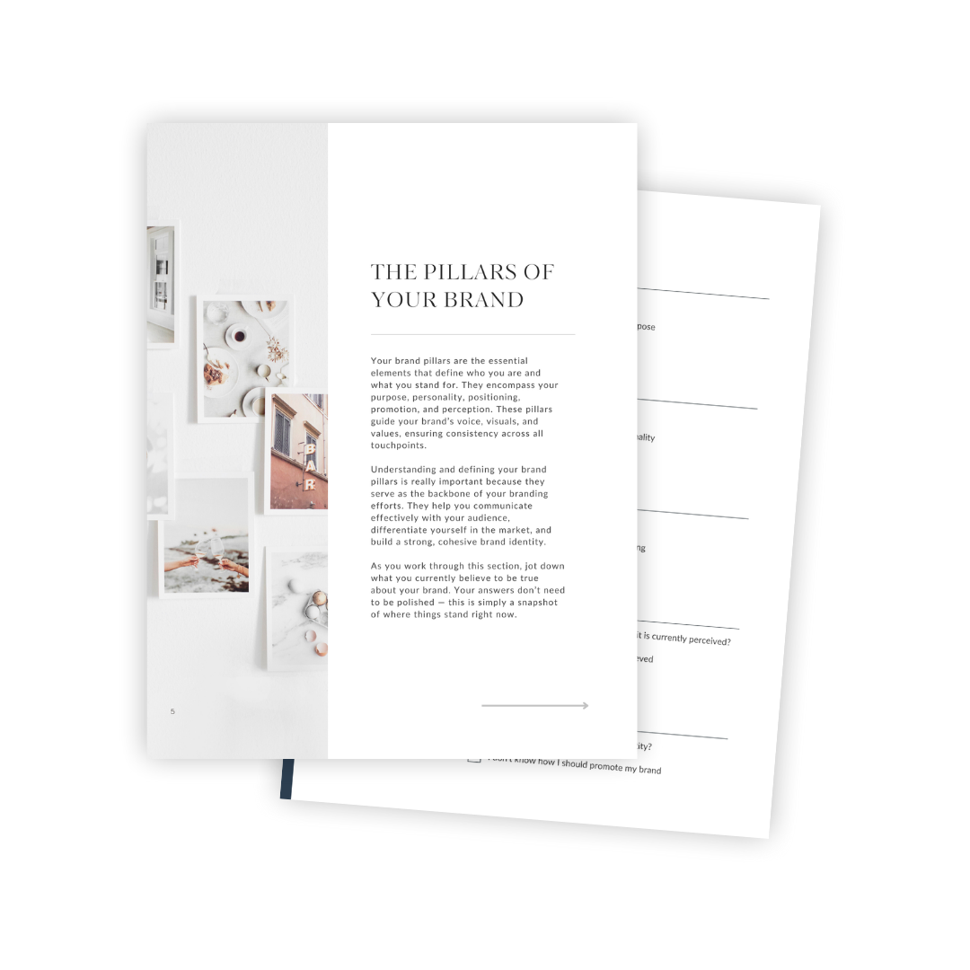 Two overlapping pages of a booklet or brochure. The front page titled "The Pillars of Your Brand" with text about brand pillars. The background includes a white wall with various small photographs or art pieces.