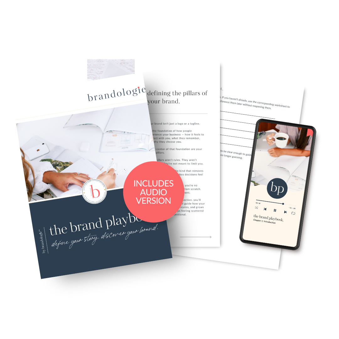 Cover of a brand playbook titled 'The Brand Playbook' with a red circle indicating it includes an audio version. The cover features a woman writing in a notebook, a smartphone displaying a podcast player with 'bp' logo, and some papers and a coffee cup in the background.