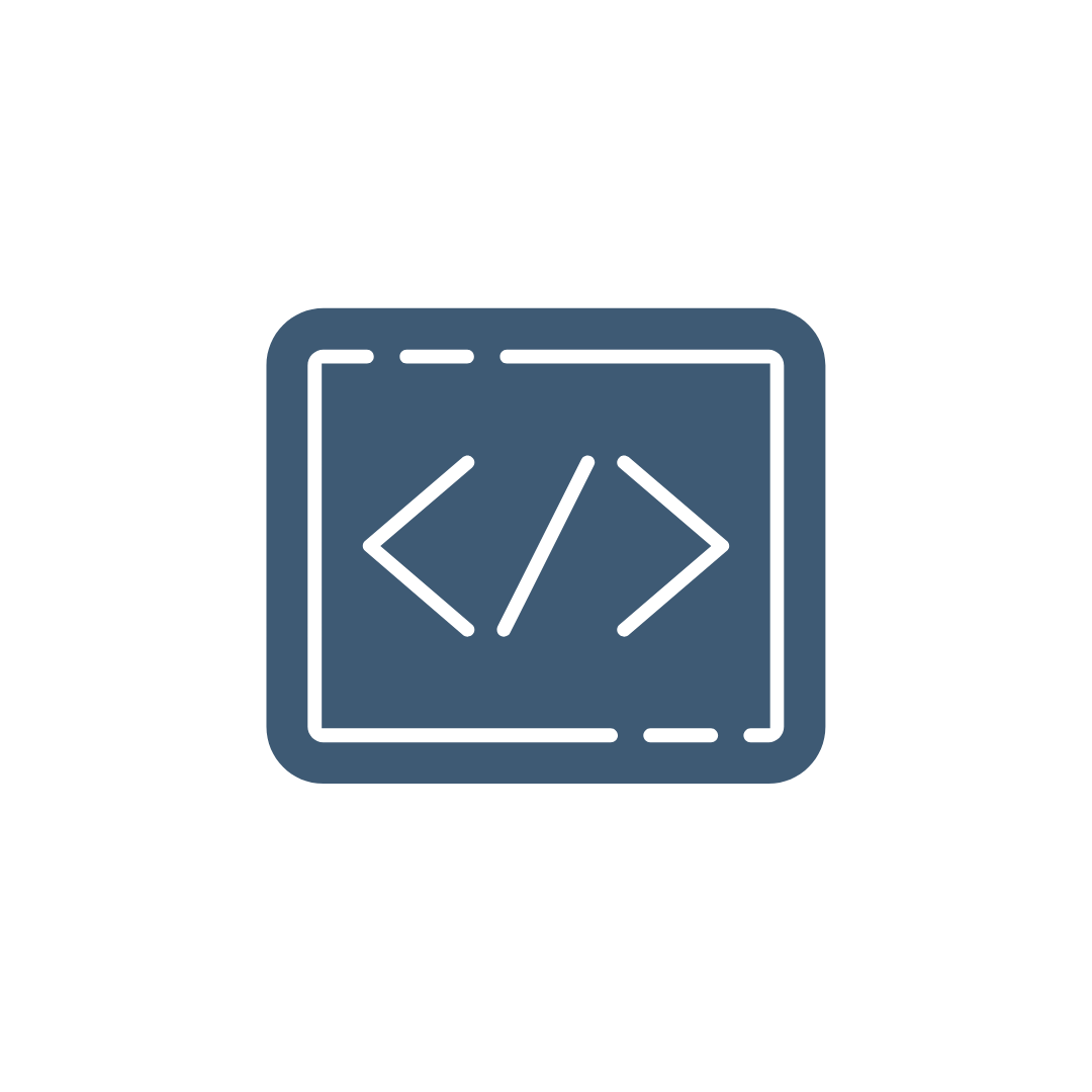 Icon of a computer screen with HTML code brackets in the center.