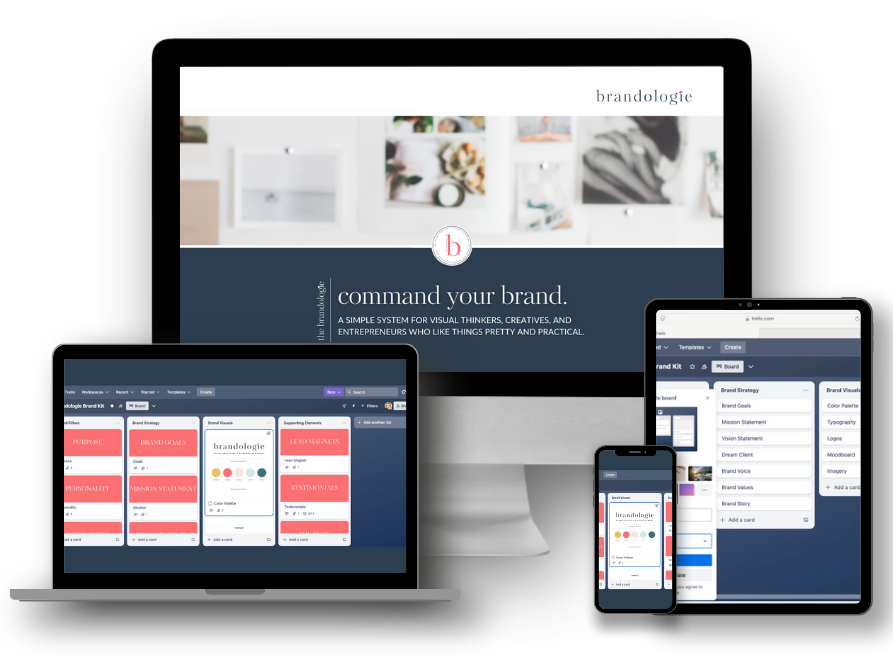 Multiple electronic devices showing branding software interfaces, including a desktop monitor, laptop, tablet, and smartphone, all displaying templates and tools for brand strategy and visual identity.