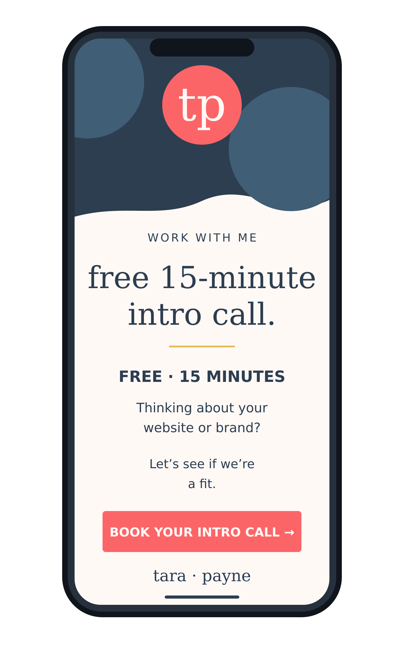 Phone mockup inviting visitors to book a free 15-minute intro call with Tara Payne.
