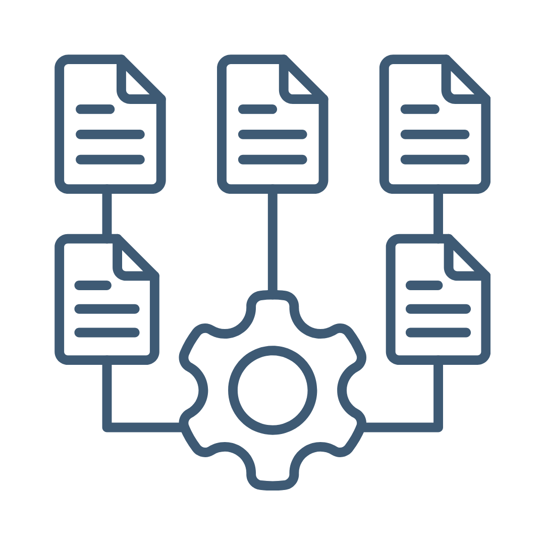 Flowchart with five document icons connected to a central gear icon.
