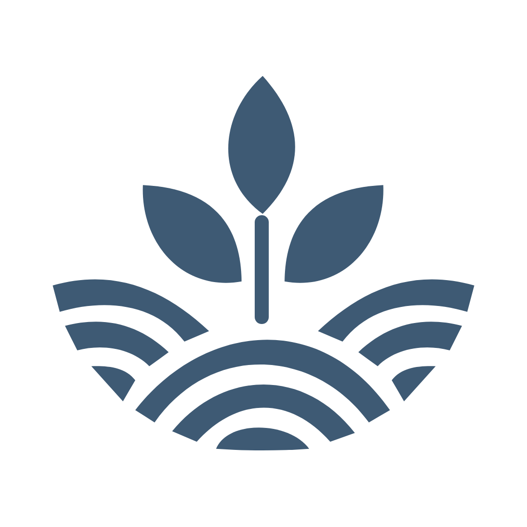 A dark blue stylized logo of a sprouting plant above curved lines representing land or fields.