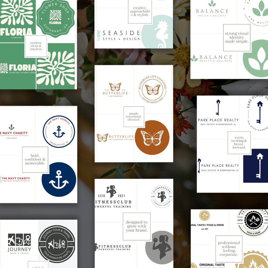 Collection of business card designs with various logos and taglines, including logos for a flower shop, a life coaching business, a charity, real estate firms, a fitness club, a food and drink brand, and a travel agency. The designs feature diverse color schemes and graphic elements.