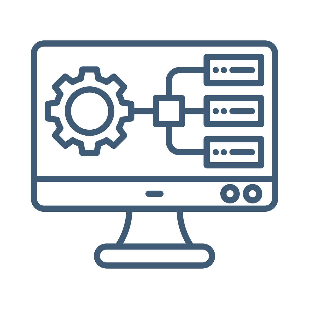 Outline icon of a computer monitor displaying a gear and connected boxes, representing settings or system configuration.