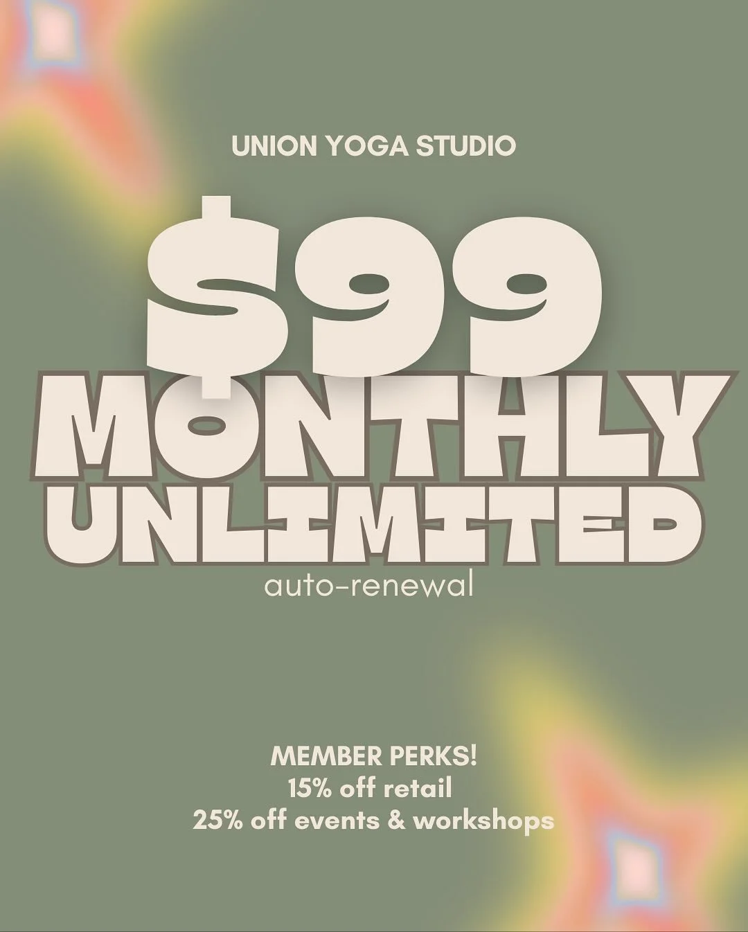 β¨ Big News β¨ 
We’re making it easier than ever to flow with us!
 π« $99 Monthly Unlimited Classes (auto-renew)
 π§ 15% off retail
 π 25% off events + workshops
Your practice, your perks, your community—every month. Ready to join? Tap t