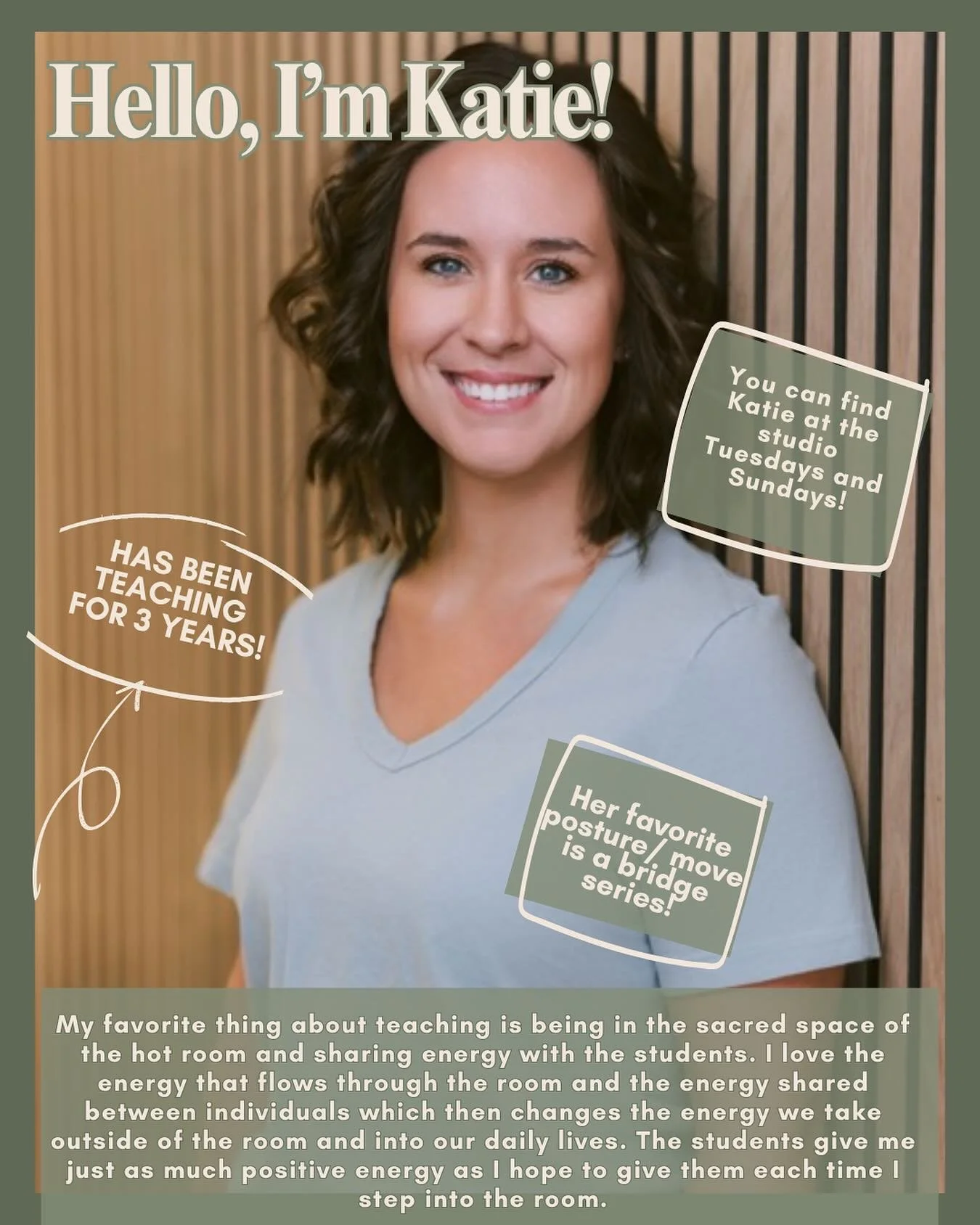 Meet Katie — one of our amazing instructors who brings grounding energy, thoughtful sequencing, and a whole lot of heart to every class. π«
Katie brings her warm energy, mindful movement, and a passion for helping students feel grounded both o