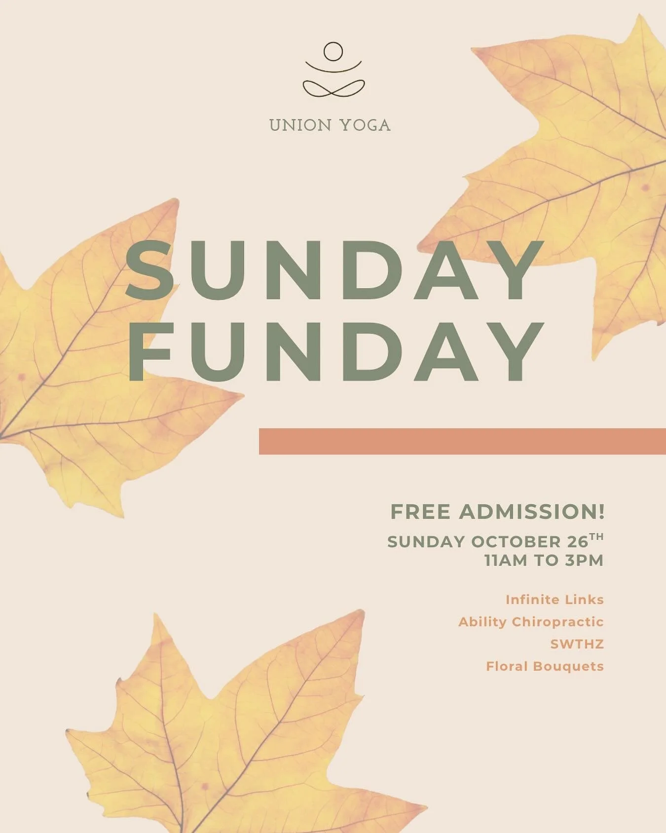 Sunday Funday vibes π»β¨ 
Join us for our Fall Fest at Union Yoga on Sunday, October 26th from 11–3 — featuring cold plunges, permanent jewelry, floral bouquets, and mini massages. 
Use your first class free to try out a class while you&