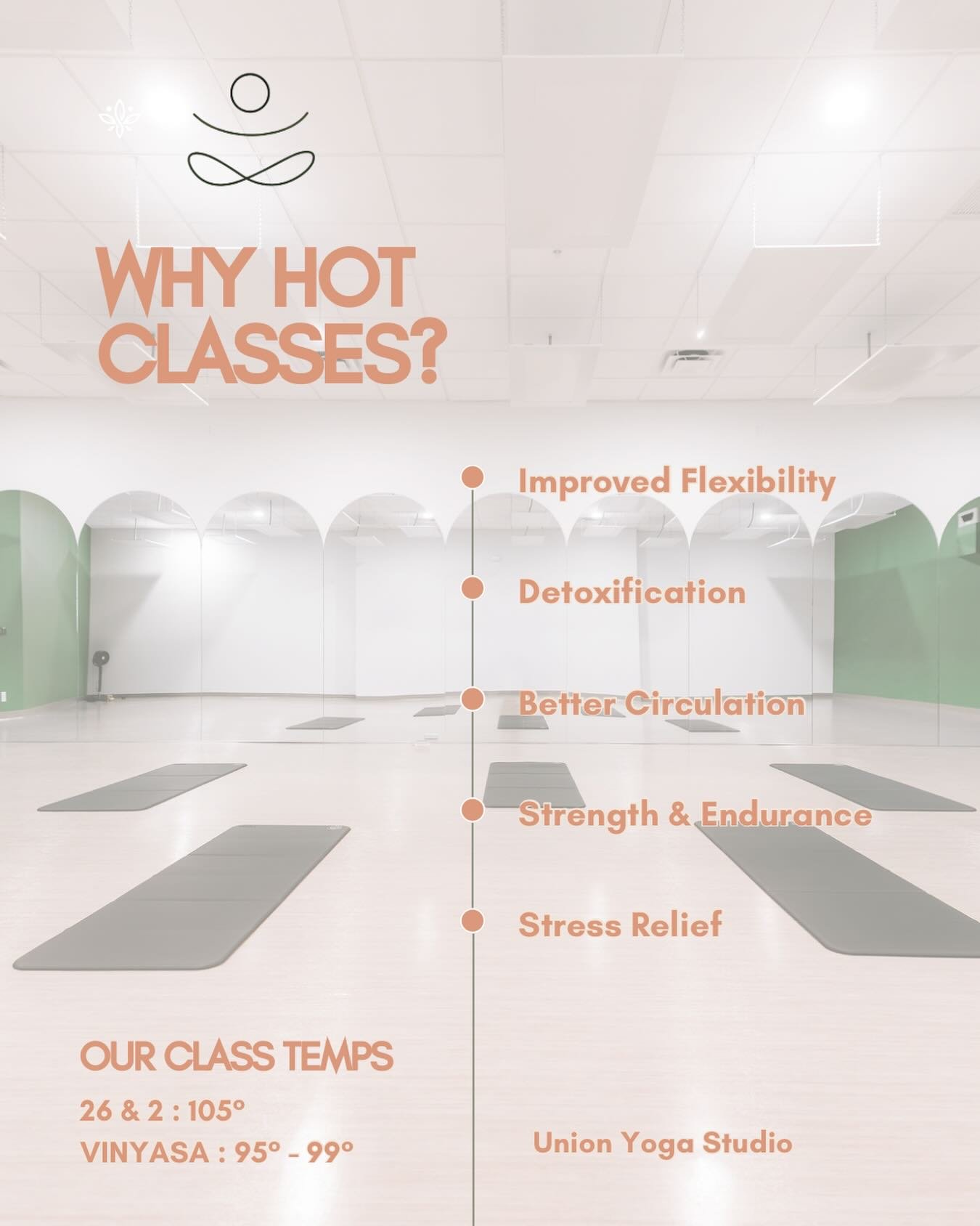 At Union Yoga, we&rsquo;re turning up the heat 🔥 &mdash; literally.

Heated classes don&rsquo;t just make you sweat &mdash; they help improve flexibility, increase circulation, boost endurance, and deepen your mind-body connection. You&rsquo;ll leav