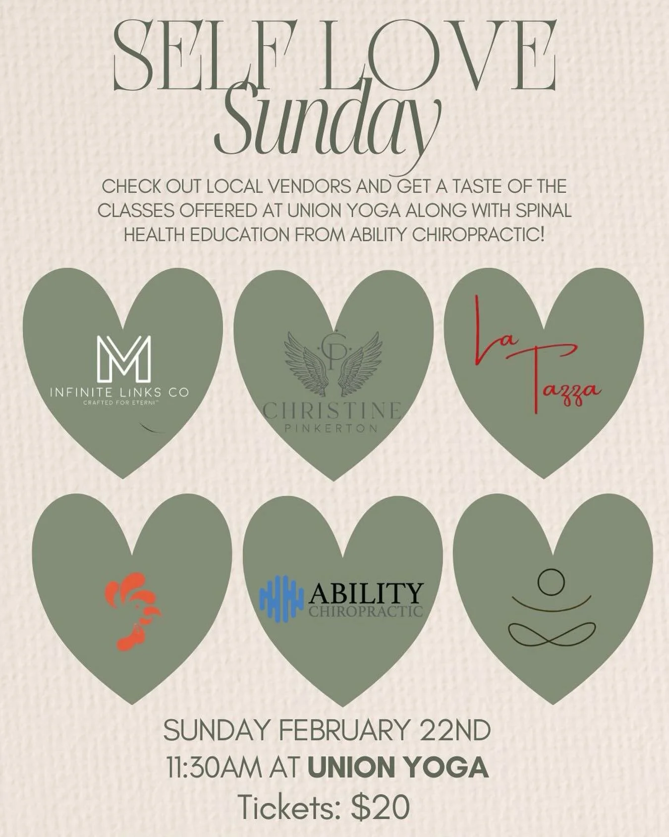 🗓 February 22

Join us for a feel-good Sunday centered on community, connection, and self-care.

✨ Featuring:
&bull; Chris Pinkerton &mdash; Reiki
&bull; Tara from Zen Hen
&bull; Amanda from MM Links

Browse and connect with local vendors, get a tas