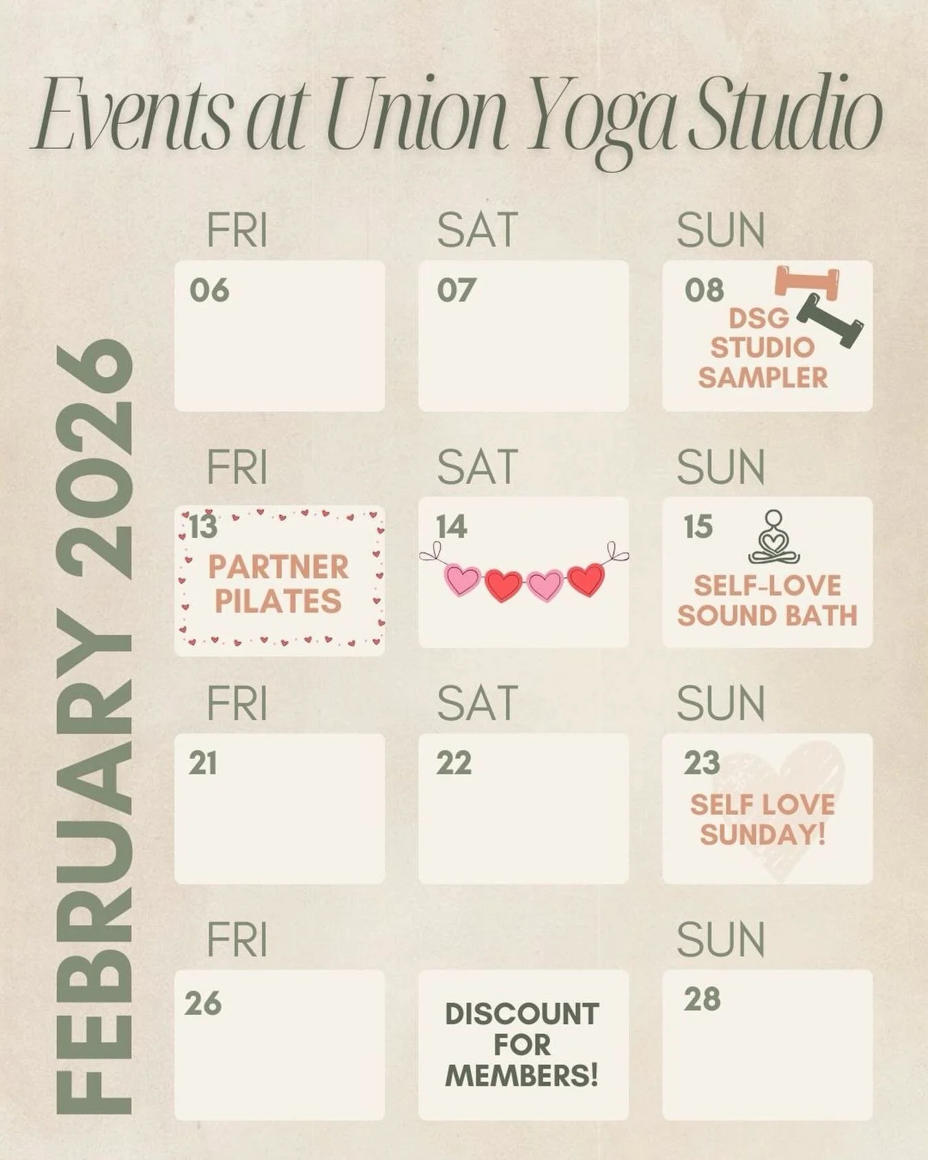 ✨ What&rsquo;s happening at Union Yoga this month ✨

Movement, connection, and a little magic&mdash;our February events are here 🤍
  From sound baths and self-love Sundays to community pop-ups and specialty workshops, there&rsquo;s something for eve
