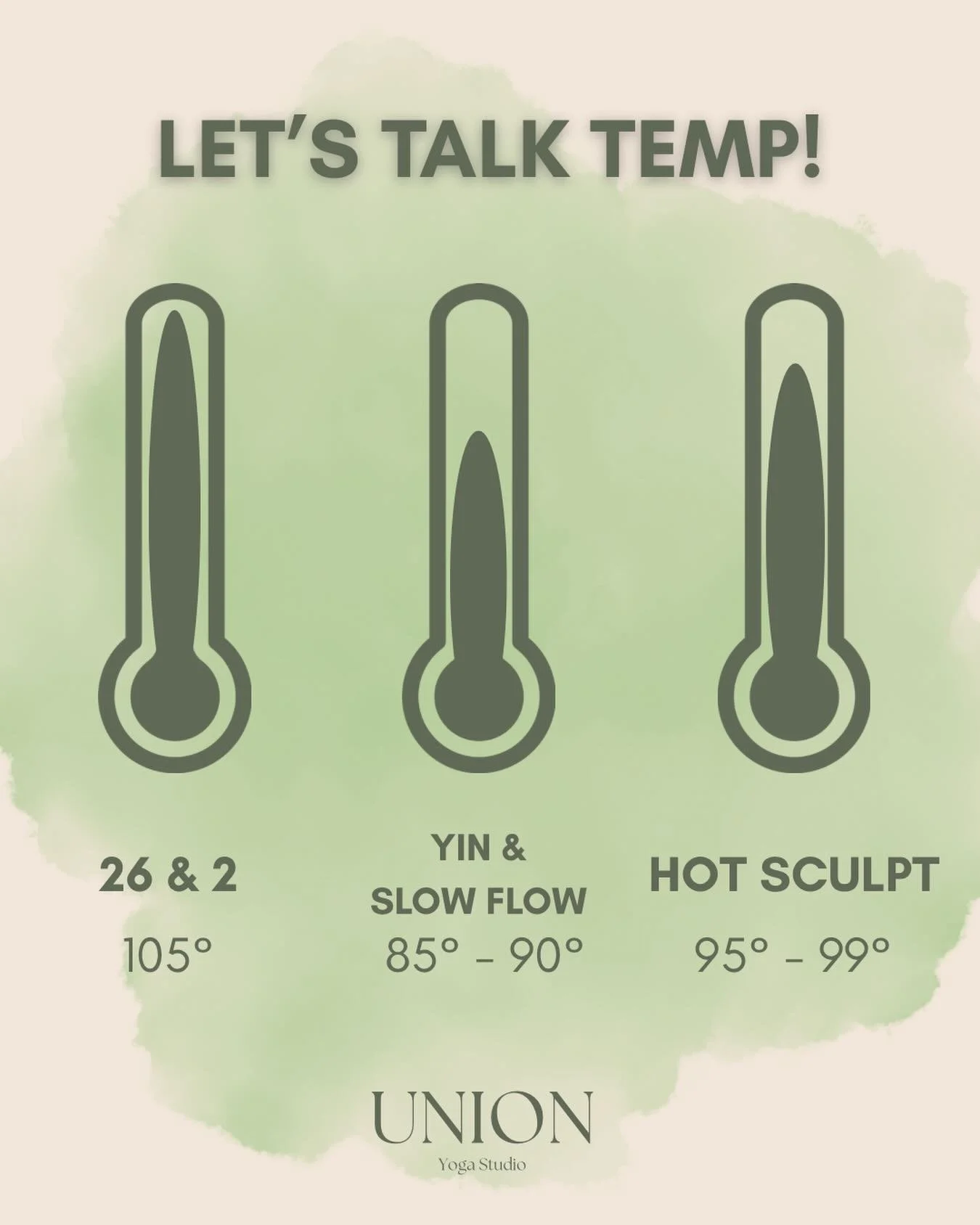 Turn up the heat 🔥 or keep it cool and steady 🌿

At Union Yoga, our class temps are designed with intention:
 &bull; Heated flows to help you sweat, detox, and deepen your stretch!
 &bull; Warm classes to build strength and flexibility
 &bull; Low-
