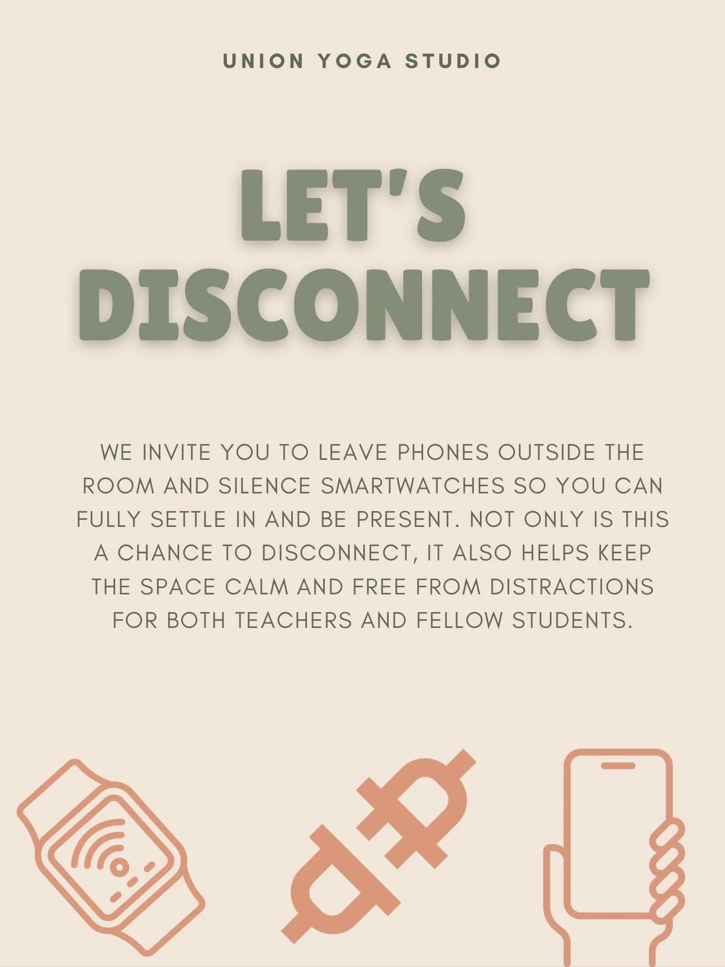 A gentle reminder that your time at Union Yoga is meant for recharging&mdash;mind, body, and breath 🤍

We invite you to leave phones outside the room and silence smartwatches so you can fully settle in and be present. Not only is this a chance to di