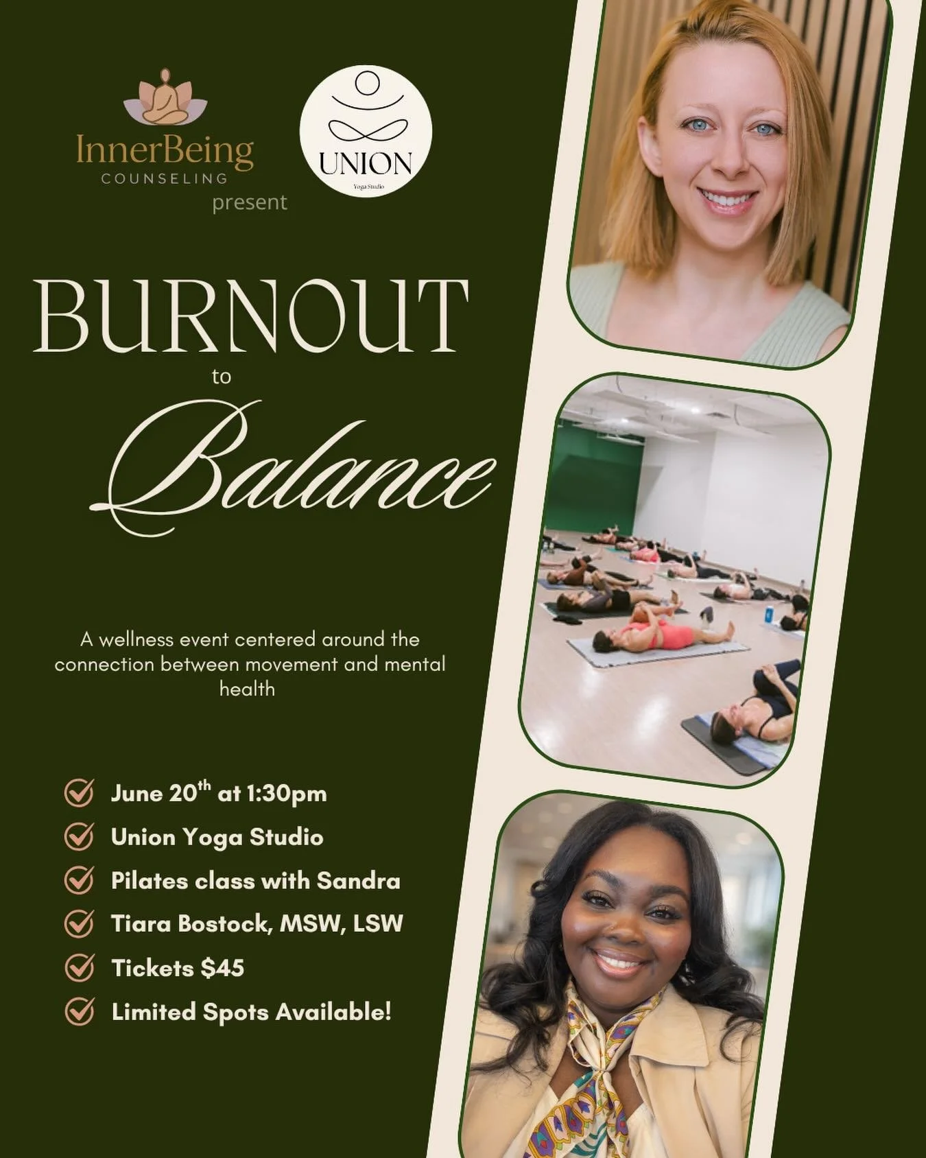 What happens when we slow down enough to notice we&rsquo;re running on empty?

Join us at Union Yoga on June 20, 2026 at 1:30 PM for a wellness event centered around the connection between movement and mental health. Together, we&rsquo;ll explore bur