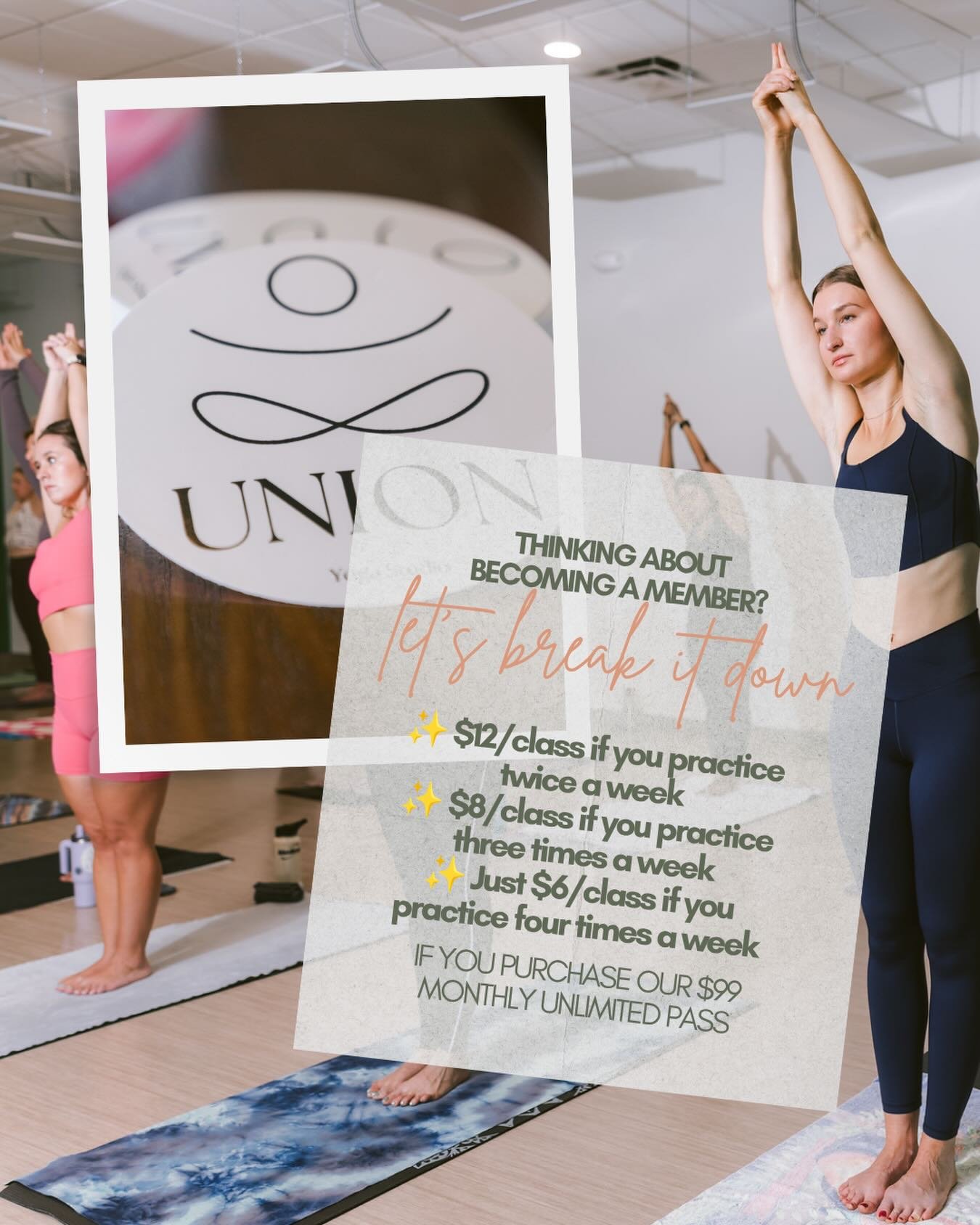 💚 Thinking about becoming a member?

Our Unlimited Membership is just $99/month.

That breaks down to:
✨ $12/class if you practice twice a week
✨ $8/class if you practice three times a week
✨ Just $6/class if you practice four times a week

The more