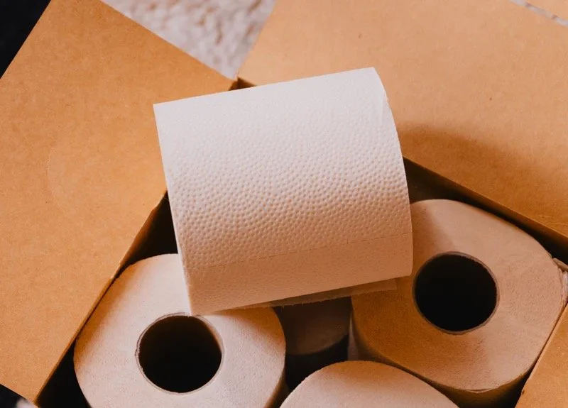 Four rolls of toilet paper inside a cardboard box, with a plain brown surface in the background.