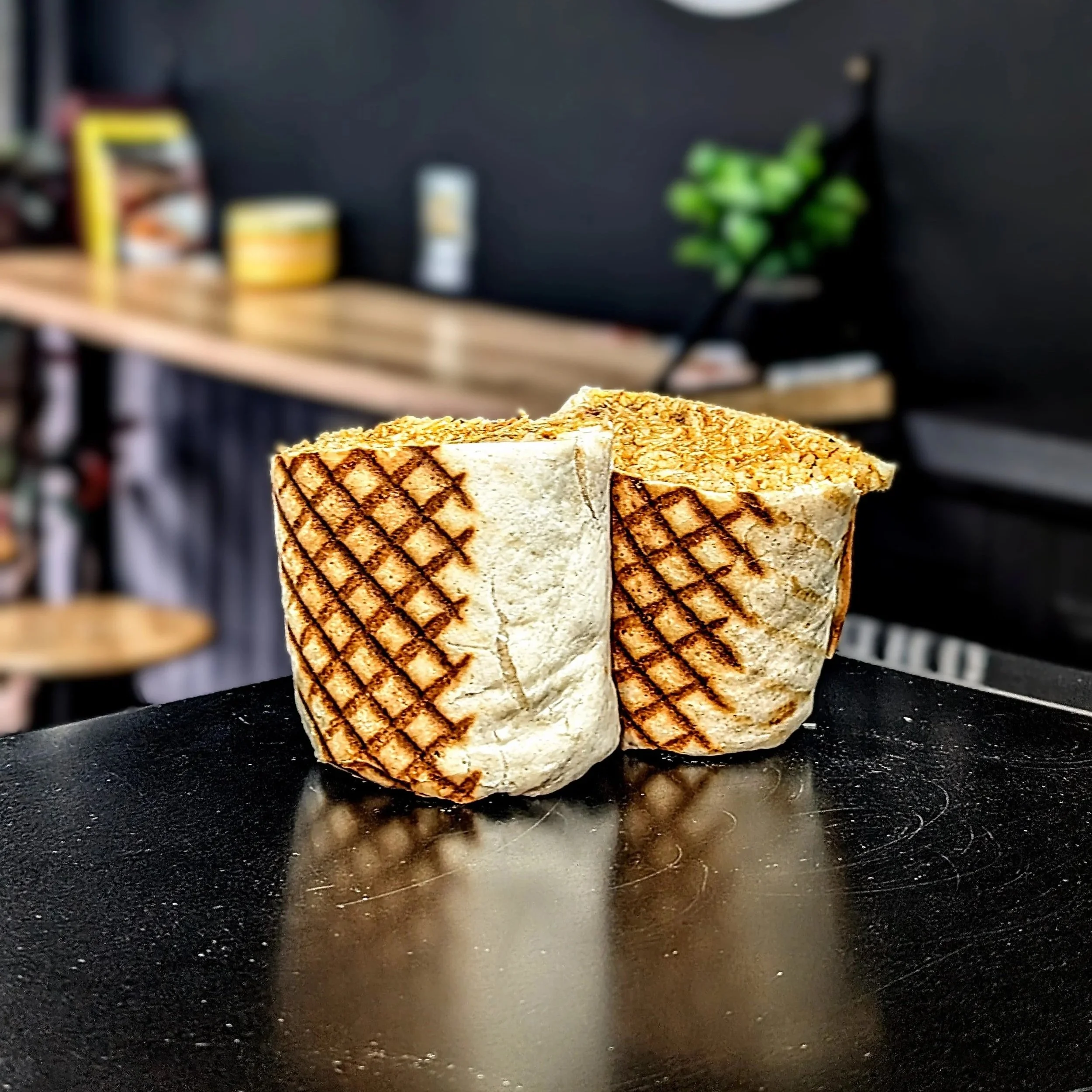 Close-up of a high-protein burrito.