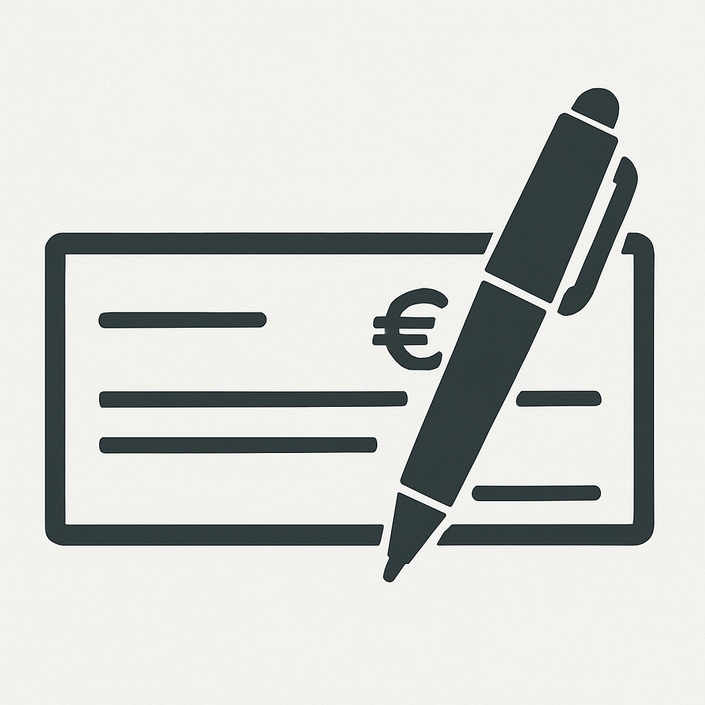 Illustration d'un chèque avec un stylo, symbole de paiement ou transaction financière.