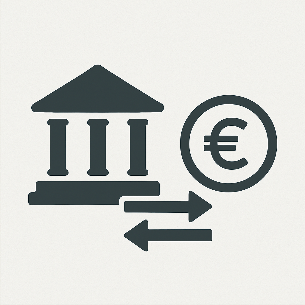 Icône d'une banque avec flèches indiquant le transfert d'argent et un symbole euro.