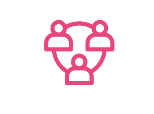 Icon of three connected people, representing teamwork or collaboration.