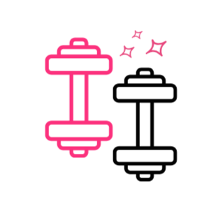 Pink outline of a dumbbell with sparkles, darker outline of the same dumbbell in the background.