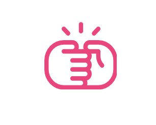 Pink outline of two fists bumping in a handshake gesture, with lines indicating impact.