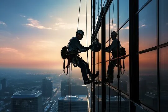 Two window washers cleaning windows on a tall skyscraper during sunset.