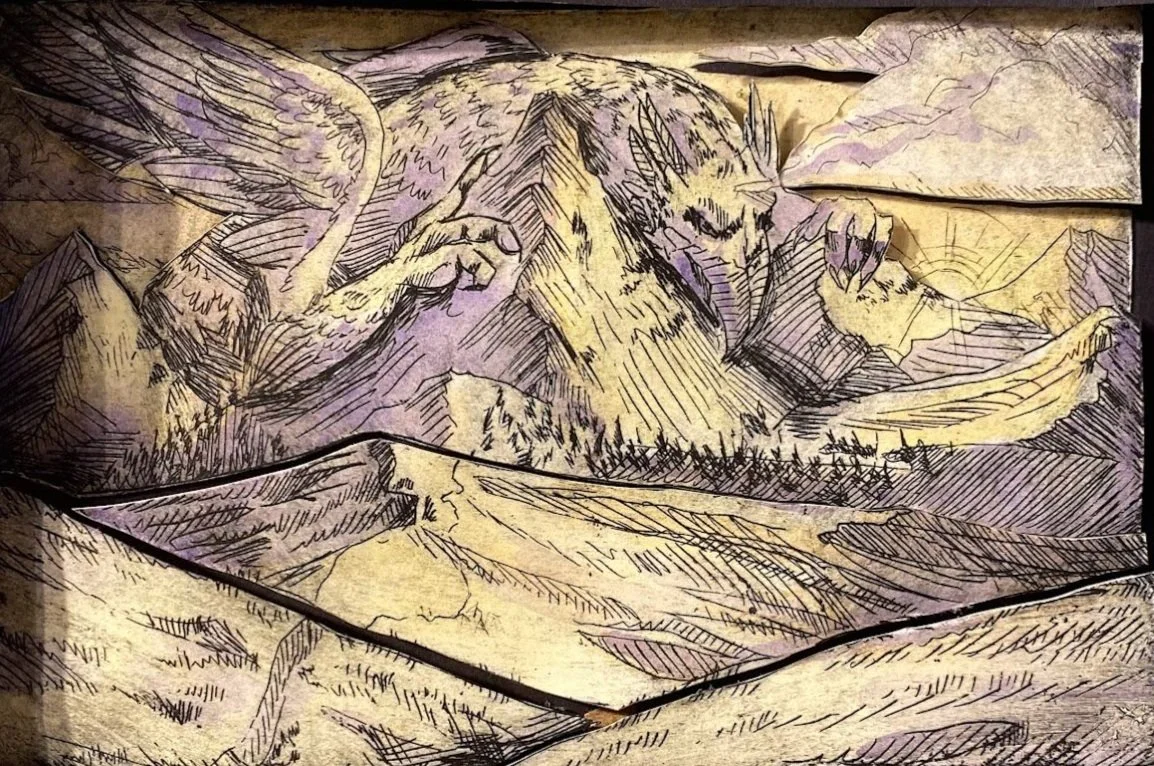 'Kiv'; 2023, Etching with Watercolor in Shadowbox, 5'' x 7''