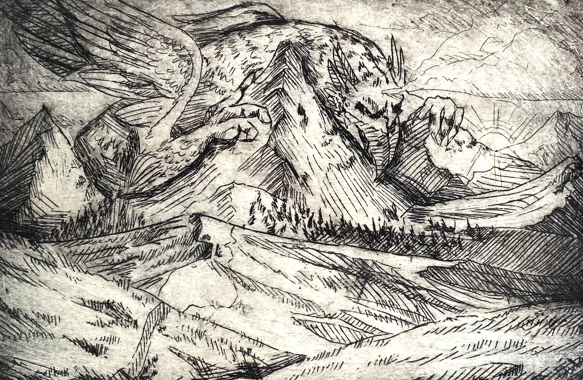 'Kiv'; 2023, Etching, 4'' x 6''