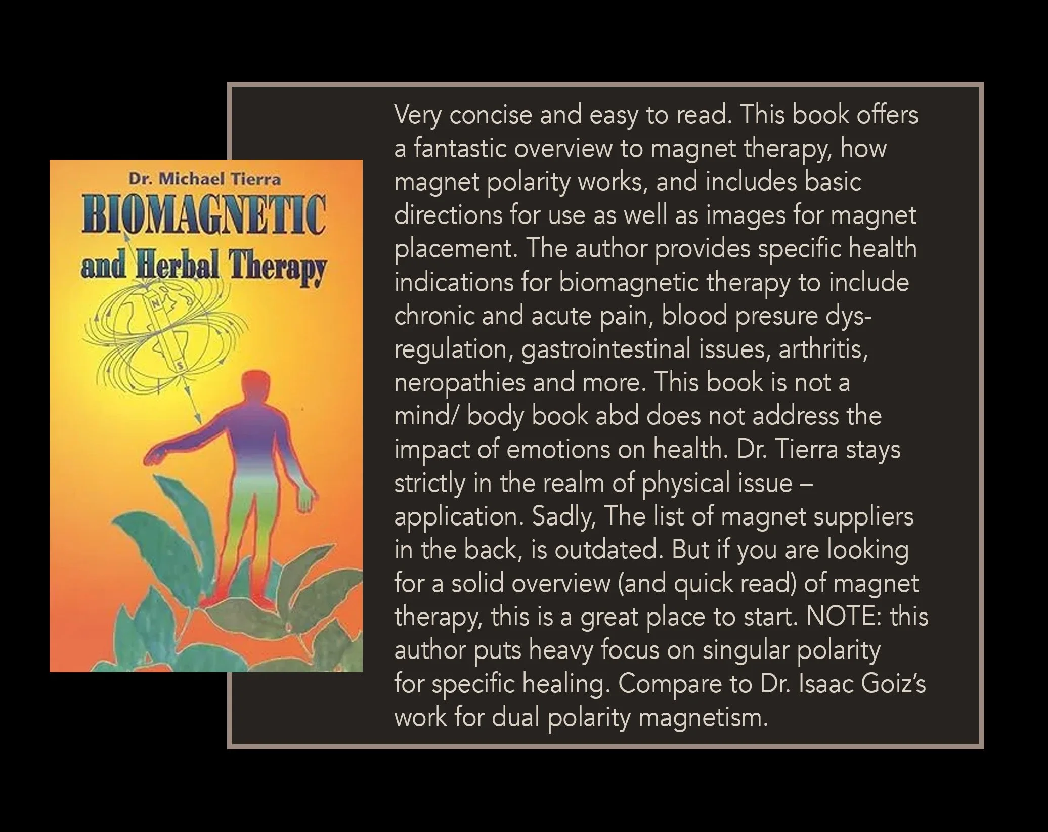 Book cover titled 'Biomagnetic and Herbal Therapy' by Dr. Michael Tierra featuring a silhouette of a person standing on leaves with a yellow-to-orange gradient background and a diagram of magnetic fields.