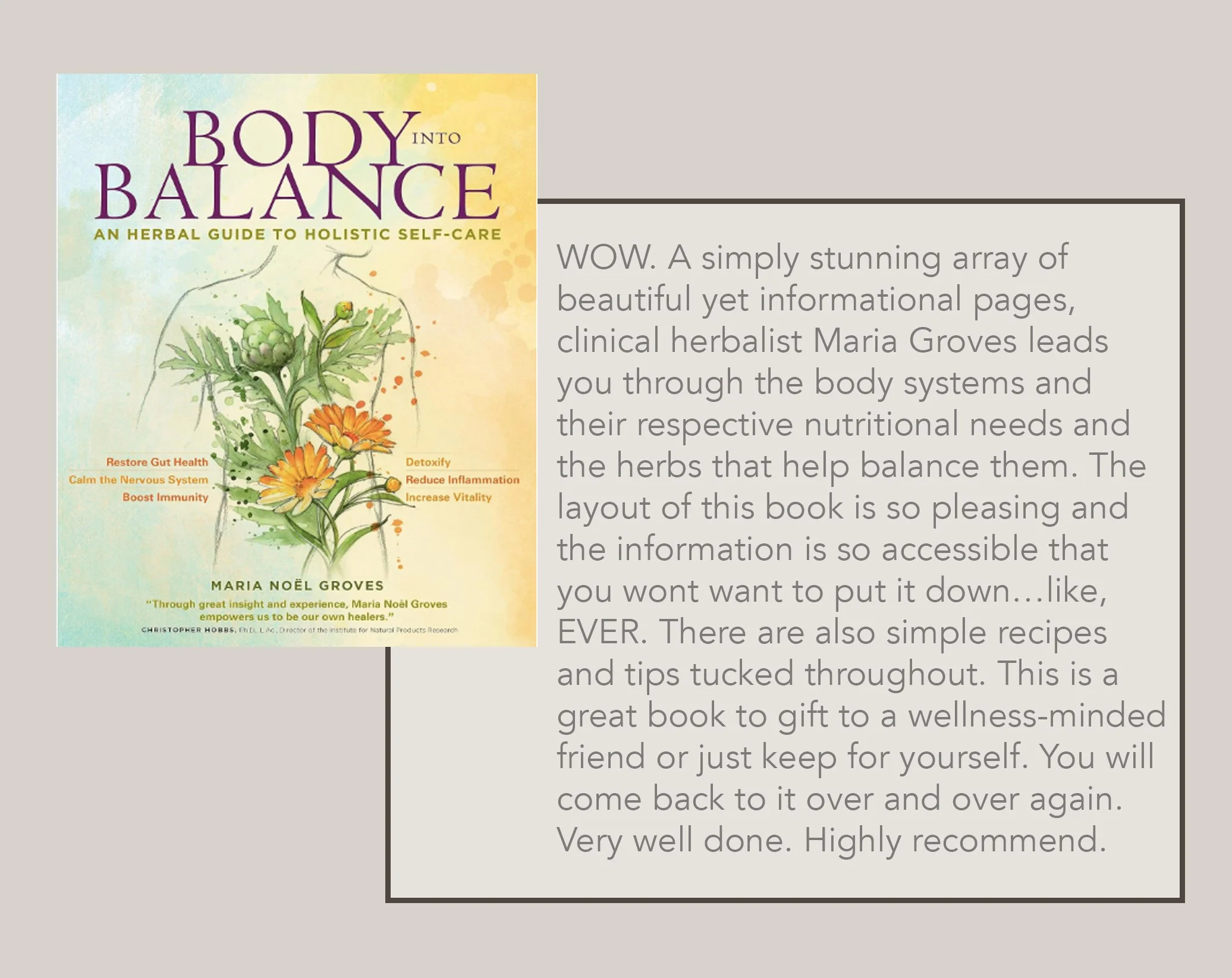 Cover of a book titled 'Body into Balance' by Maria Noel Groves, featuring a botanical illustration of a human outline with herbs and flowers, and a review praising the book for its holistic self-care guidance.