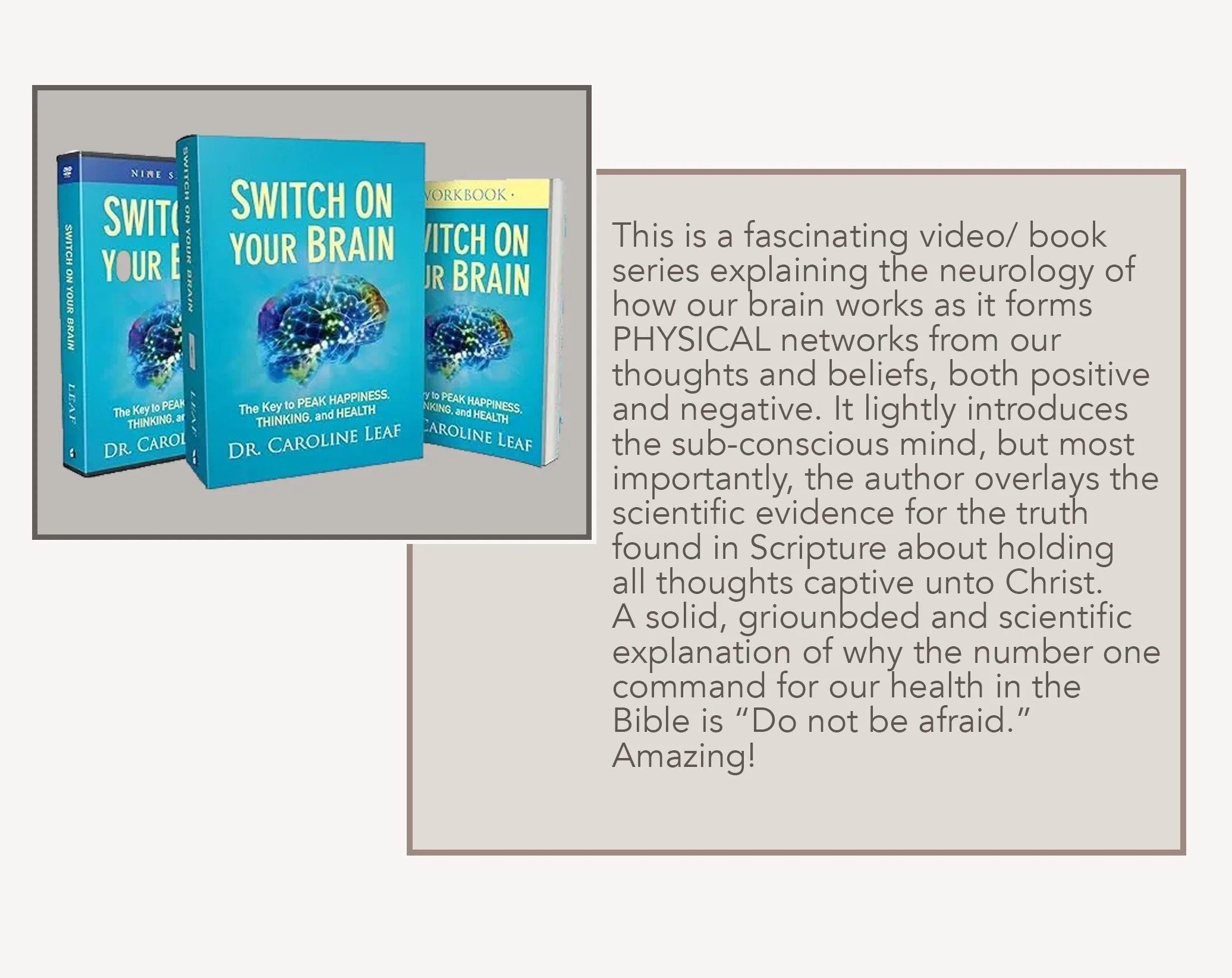 Image of three copies of a book titled "Switch on Your Brain" with a brain illustration on the cover, accompanied by a text description explaining the book series about the neurology of brain function, thoughts, beliefs, and biblical references.